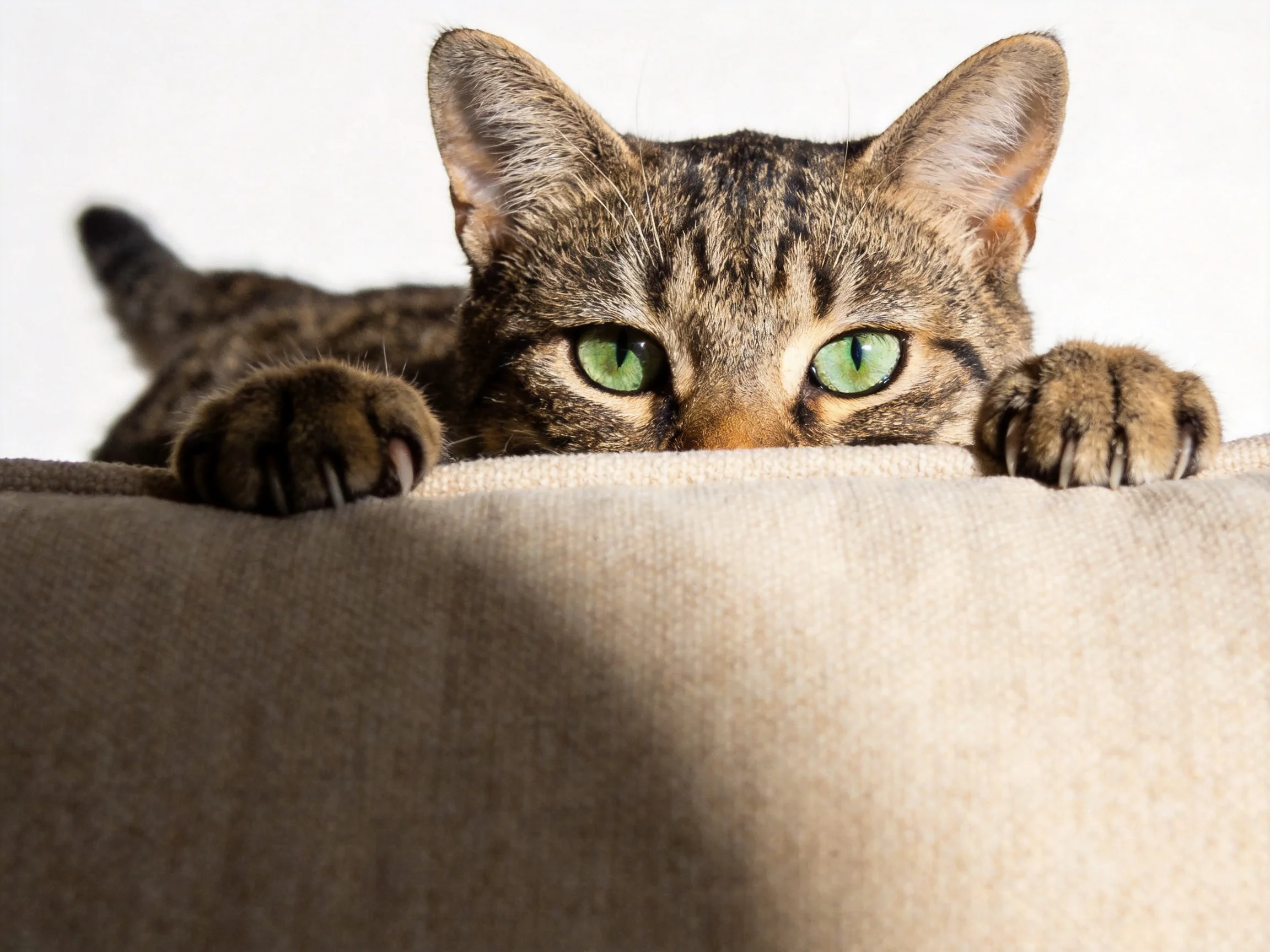 A brown tabby cat with vivid green eyes peers over a beige fabric surface