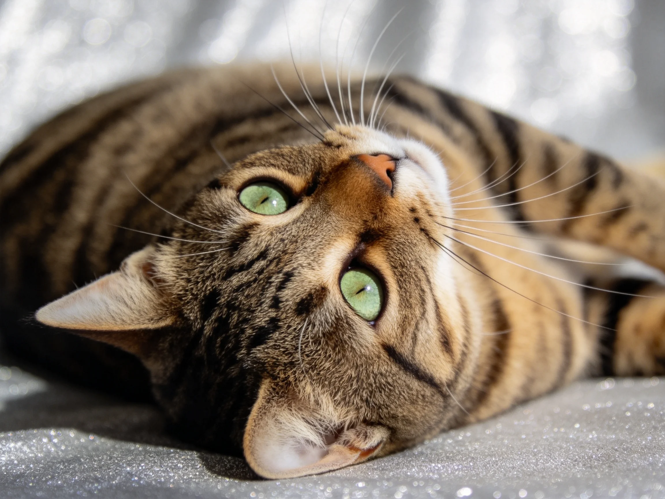 A brown tabby cat with green eyes rests comfortably on a soft surface