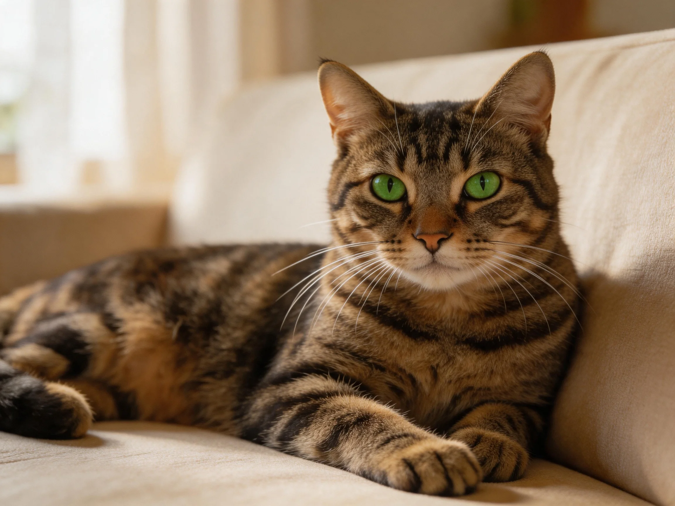 A brown-tabby cat with green eyes relaxes on a beige sofa in soft indoor lighting.