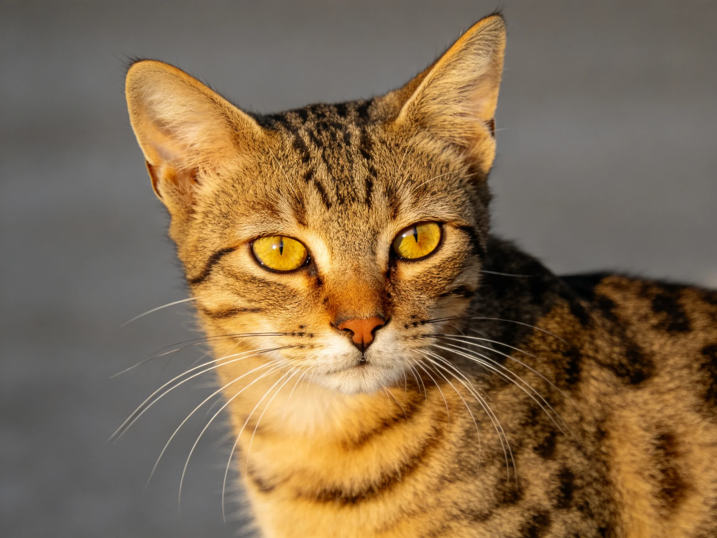 A brown tabby cat with yellow eyes is centered against a plain gray background.