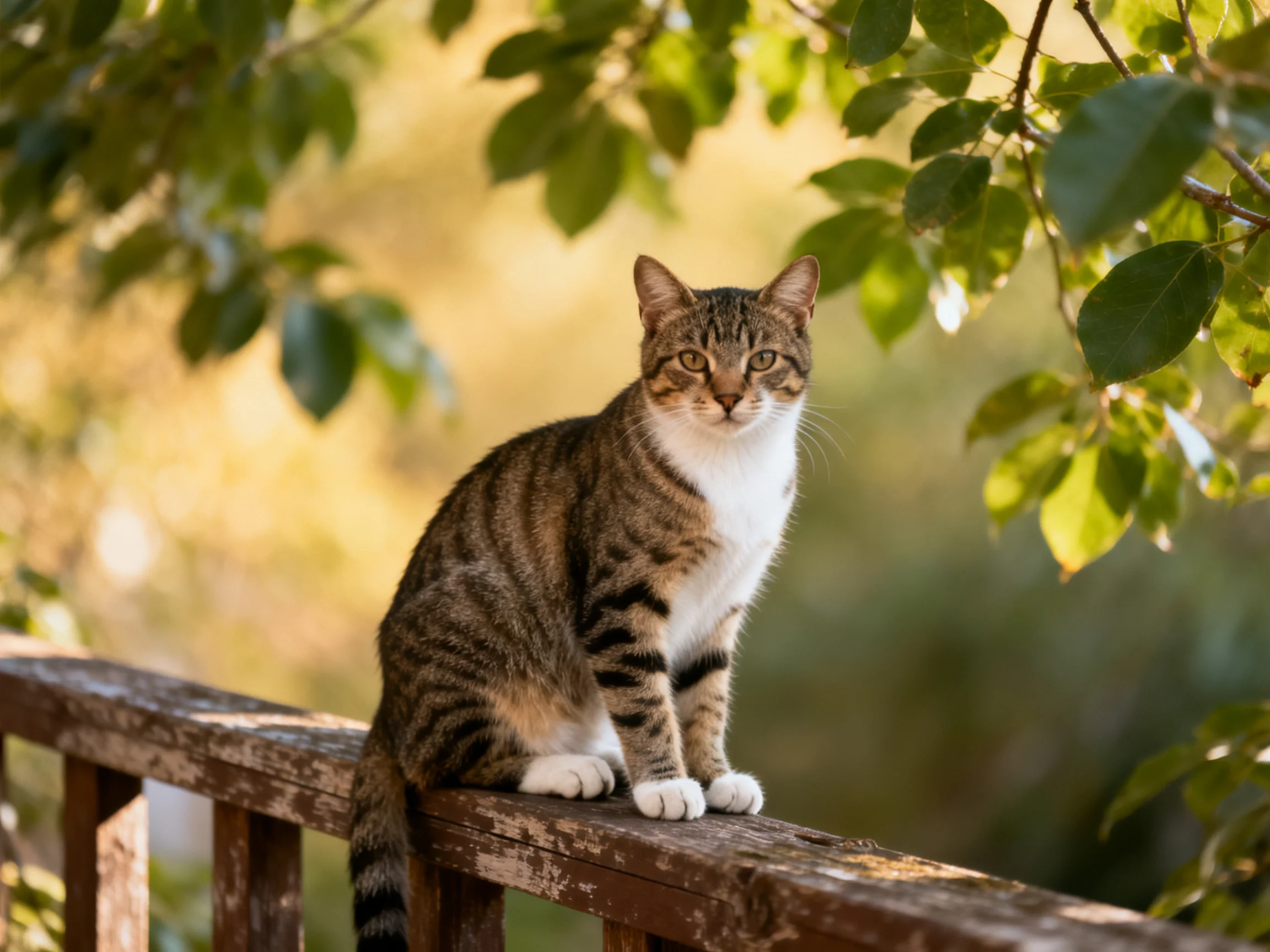 A brown-tabby cat with white chest sits on a weathered wooden railing among green leaves