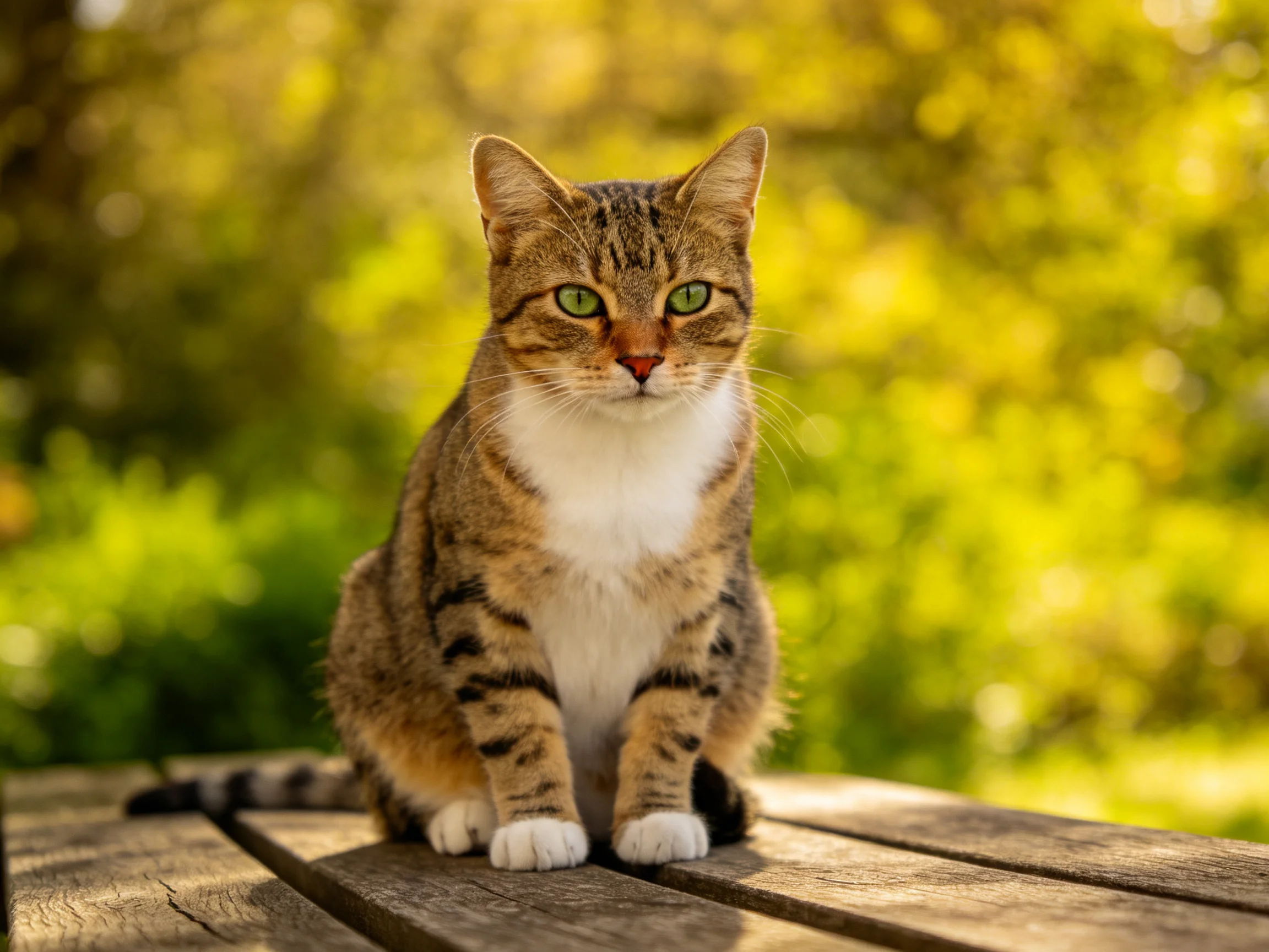 A brown tabby cat with white chest sits on a wooden bench in sunny green surroundings
