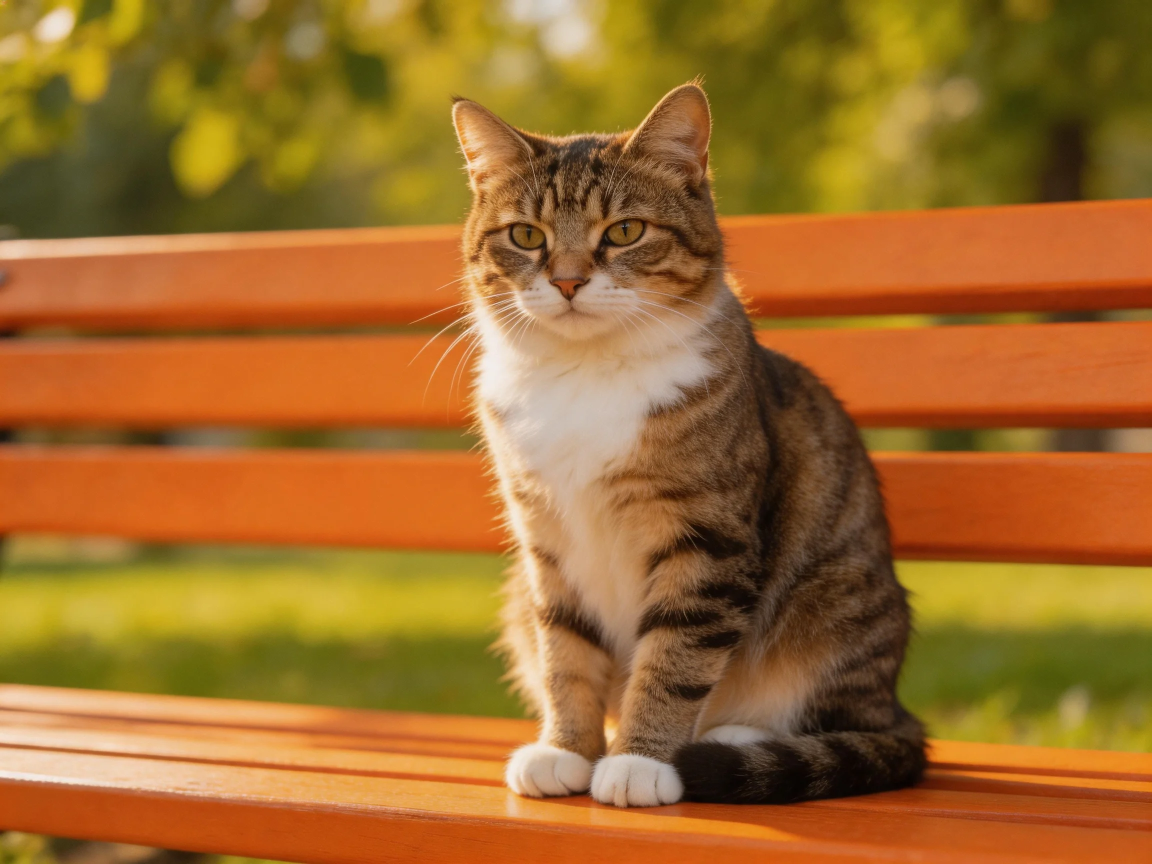 A brown tabby cat with white chest sits on an orange park bench in sunlight
