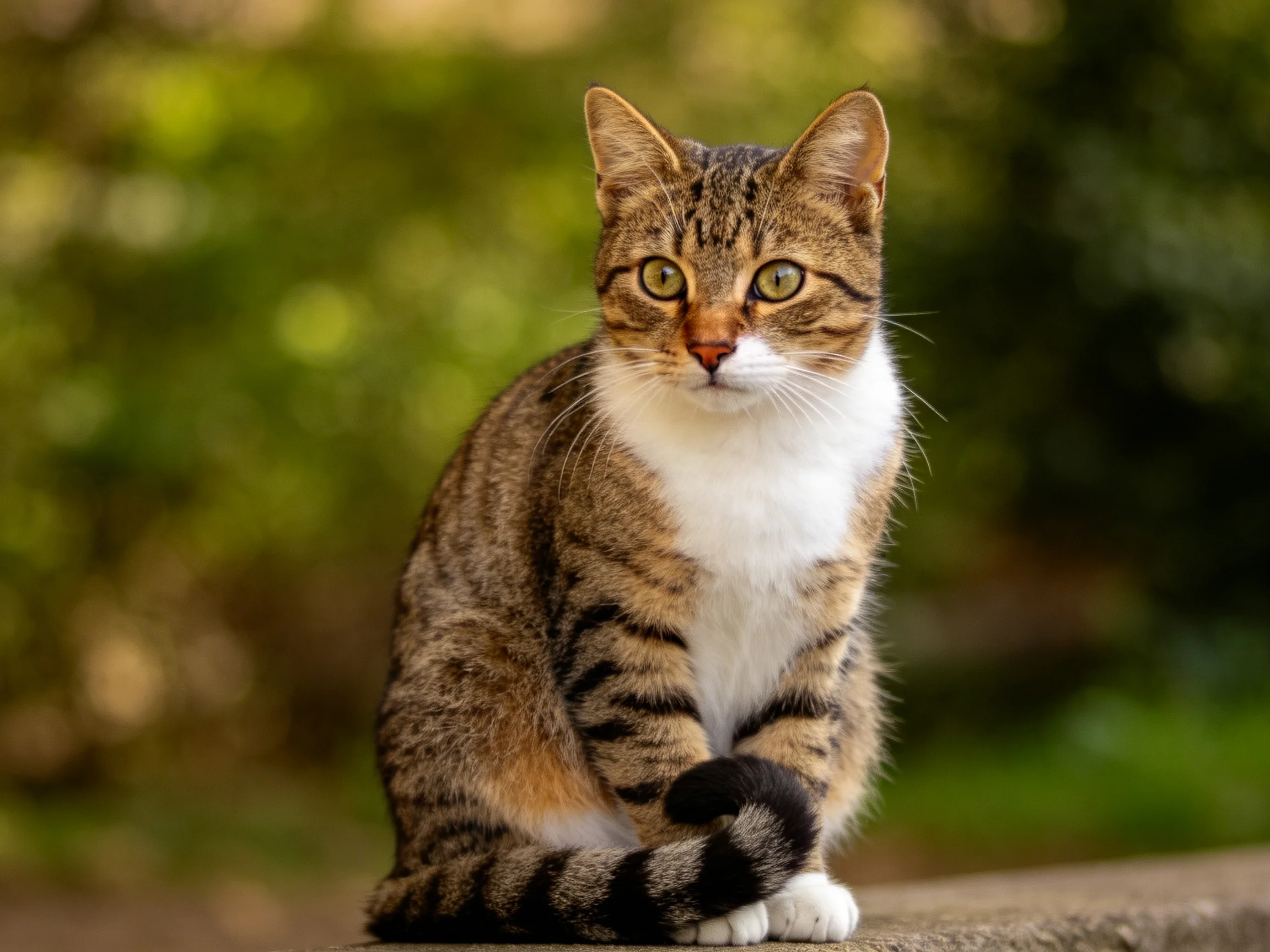 A brown-tabby cat with white chest sits outdoors near greenery
