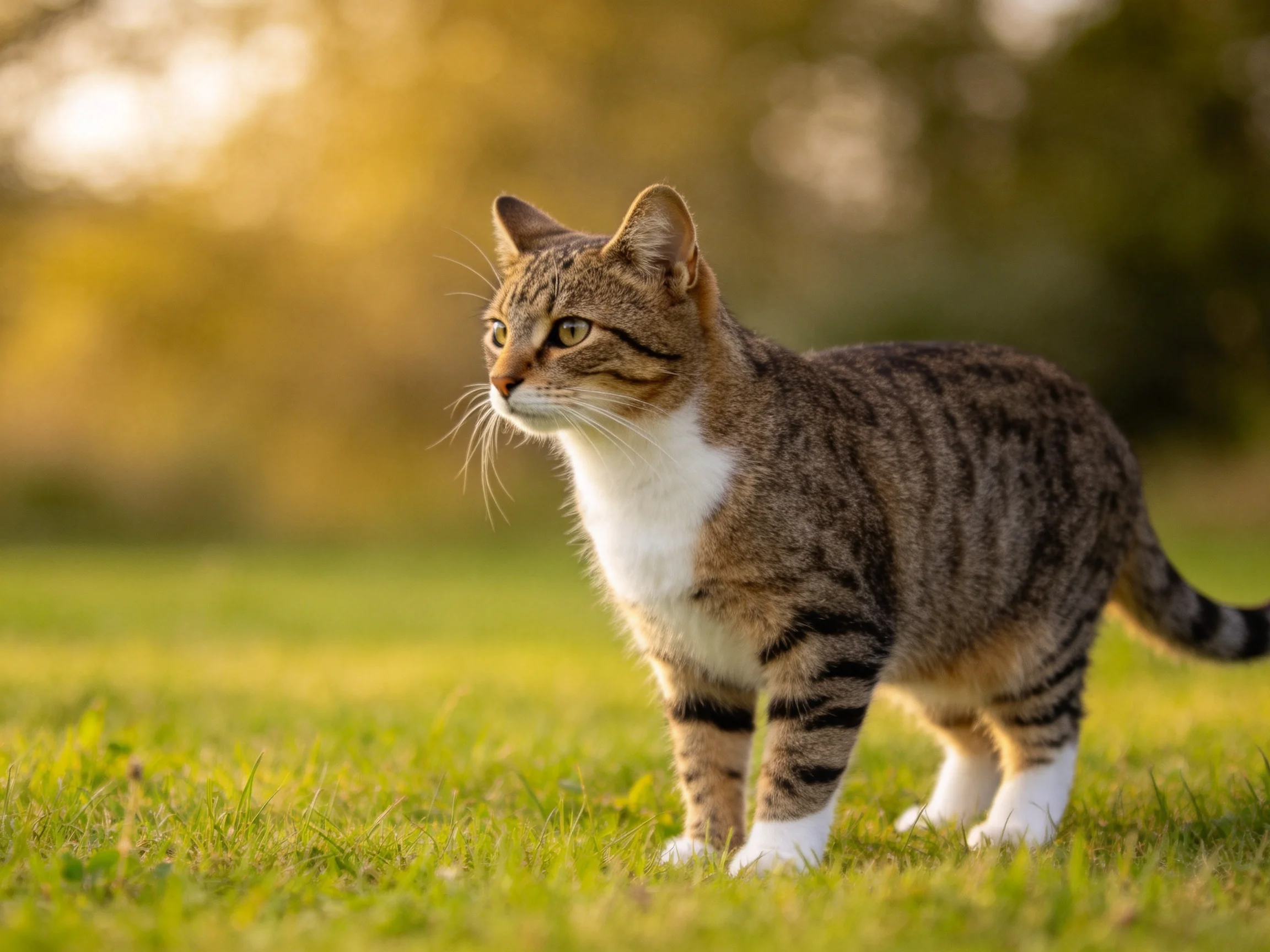 A brown tabby cat with white chest stands on sunlit green grass