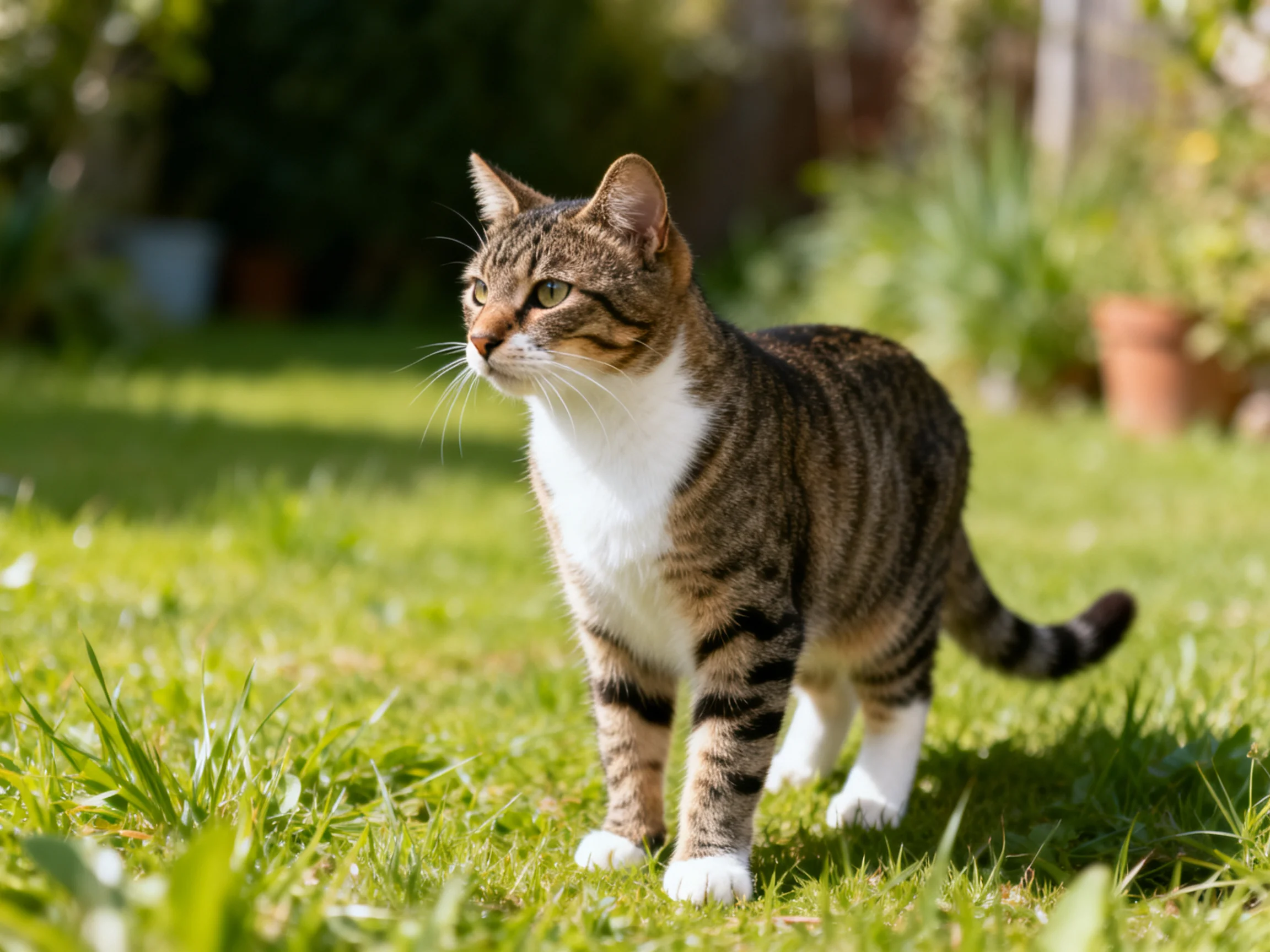 A brown-tabby cat with white markings roams a sunlit green lawn
