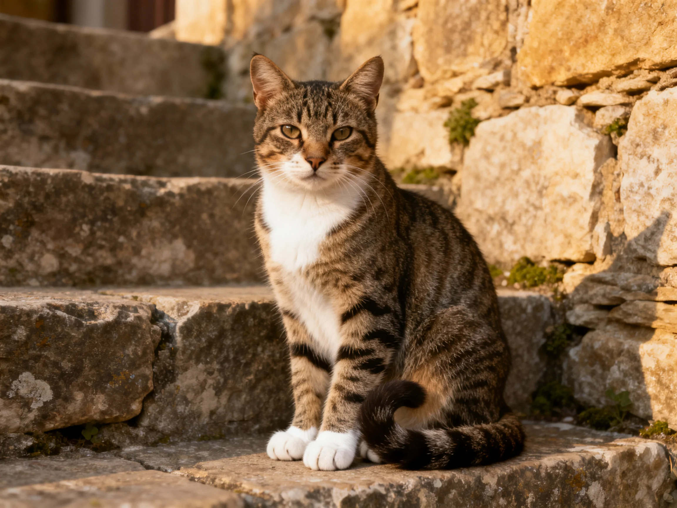 A brown-tabby cat with white markings sits on stone steps near a stone wall