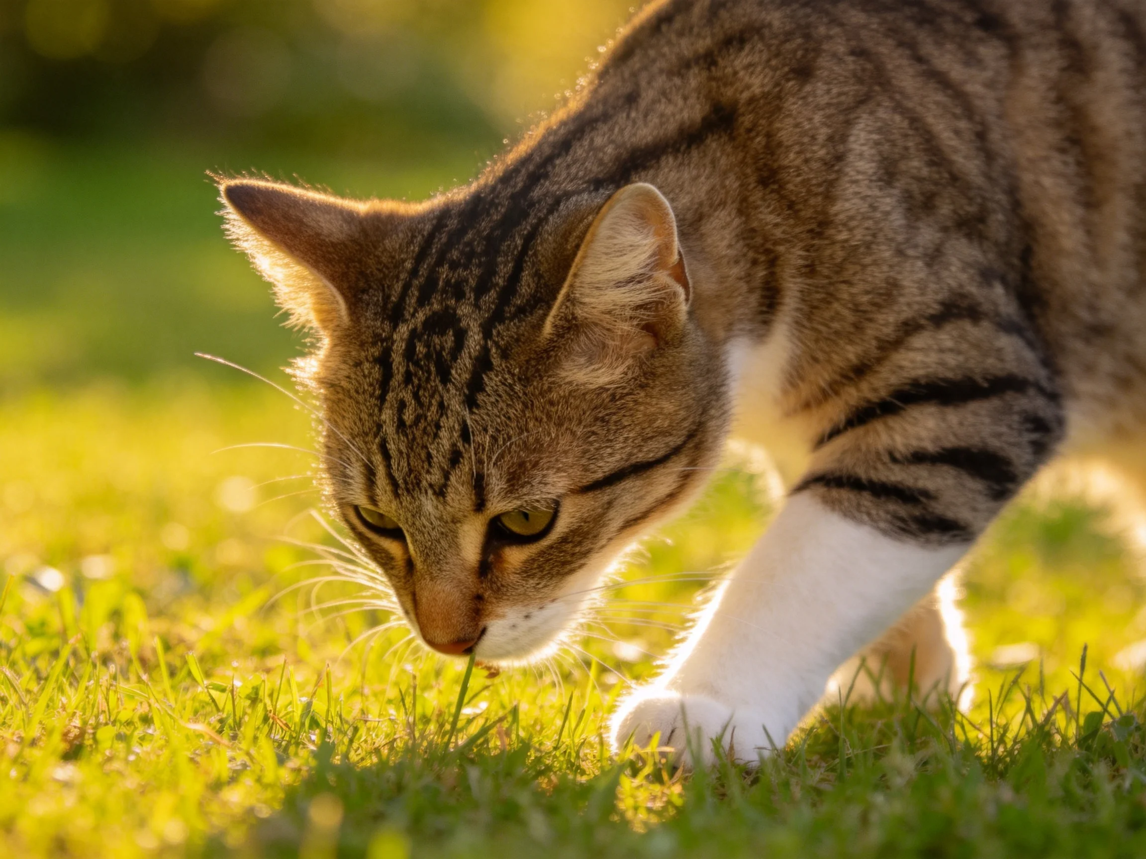 A brown tabby cat with white paws explores sunlit green grass