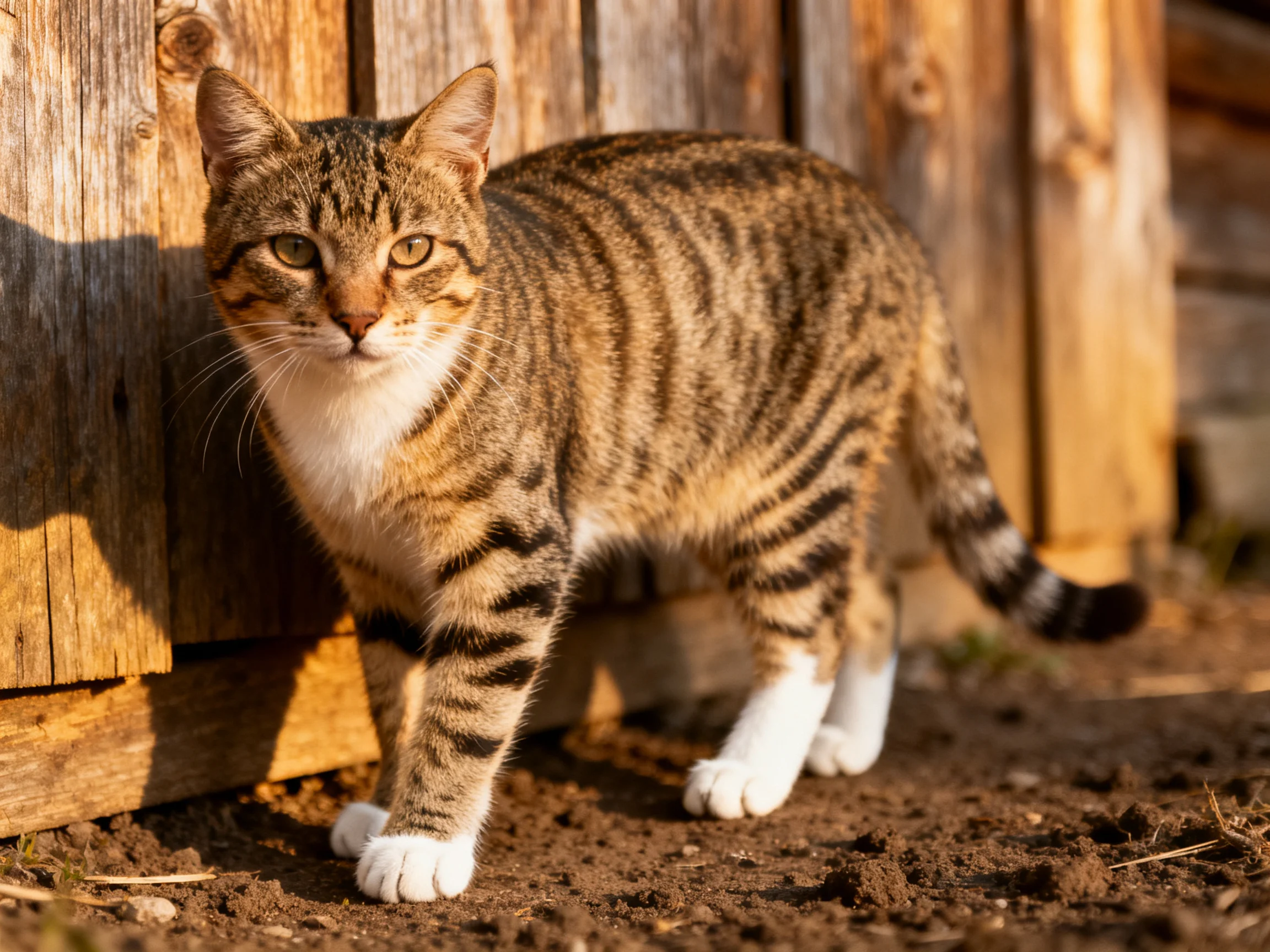 A brown-tabby cat with white paws near weathered wood