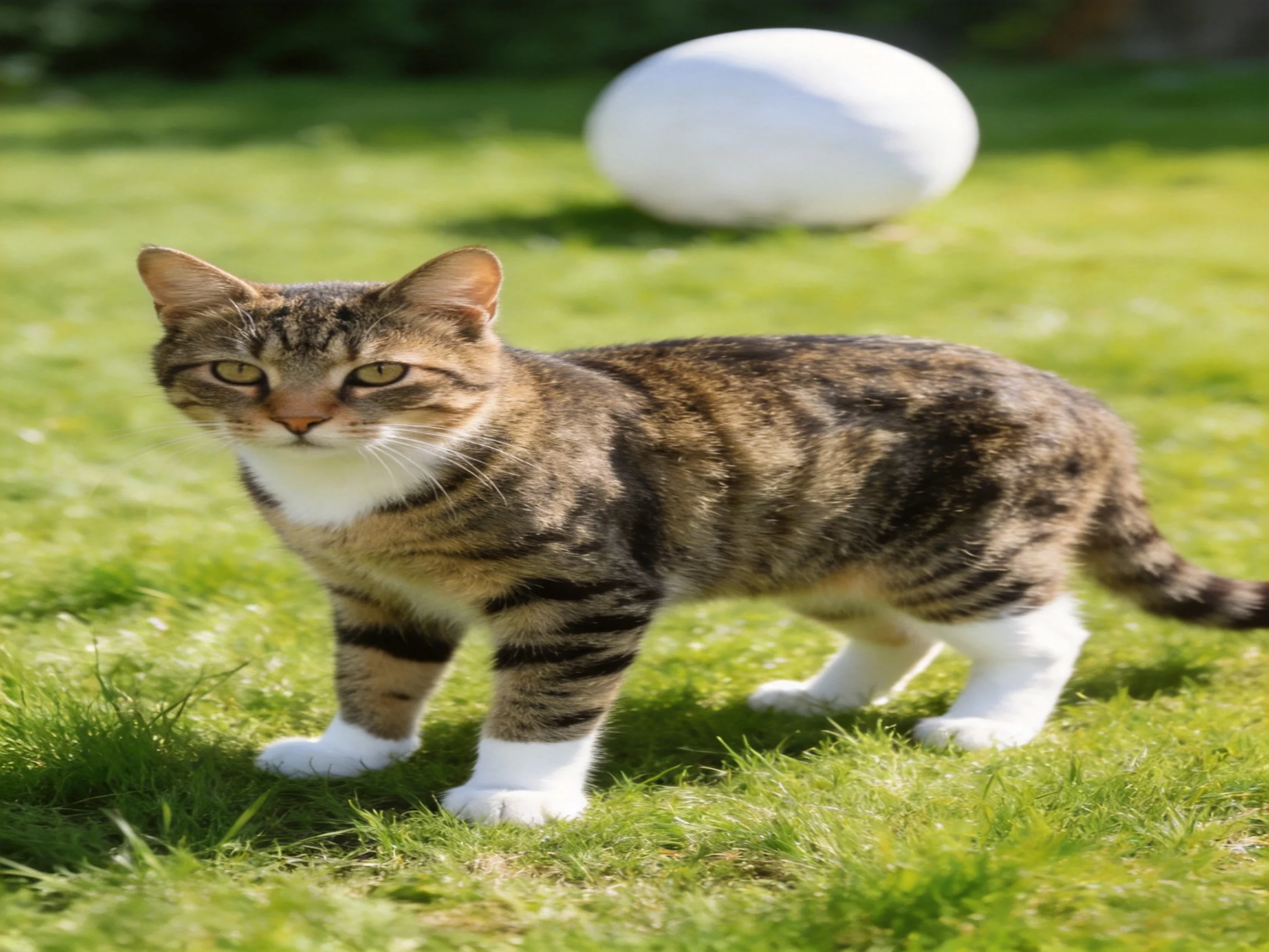 A brown tabby cat with white paws stands on lush green grass near a large white sphere