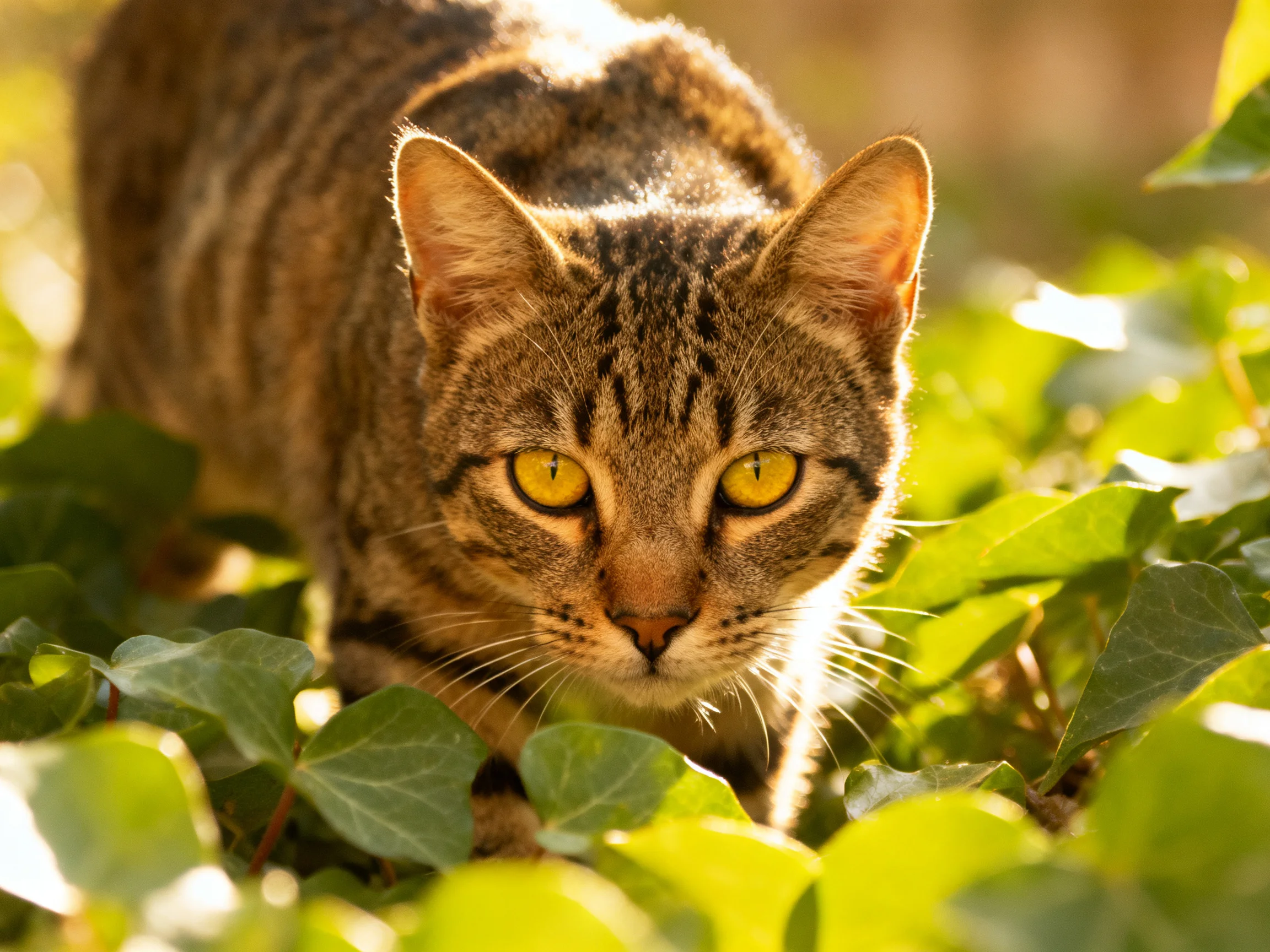 A brown tabby cat with bright yellow eyes moves through dense greenery.