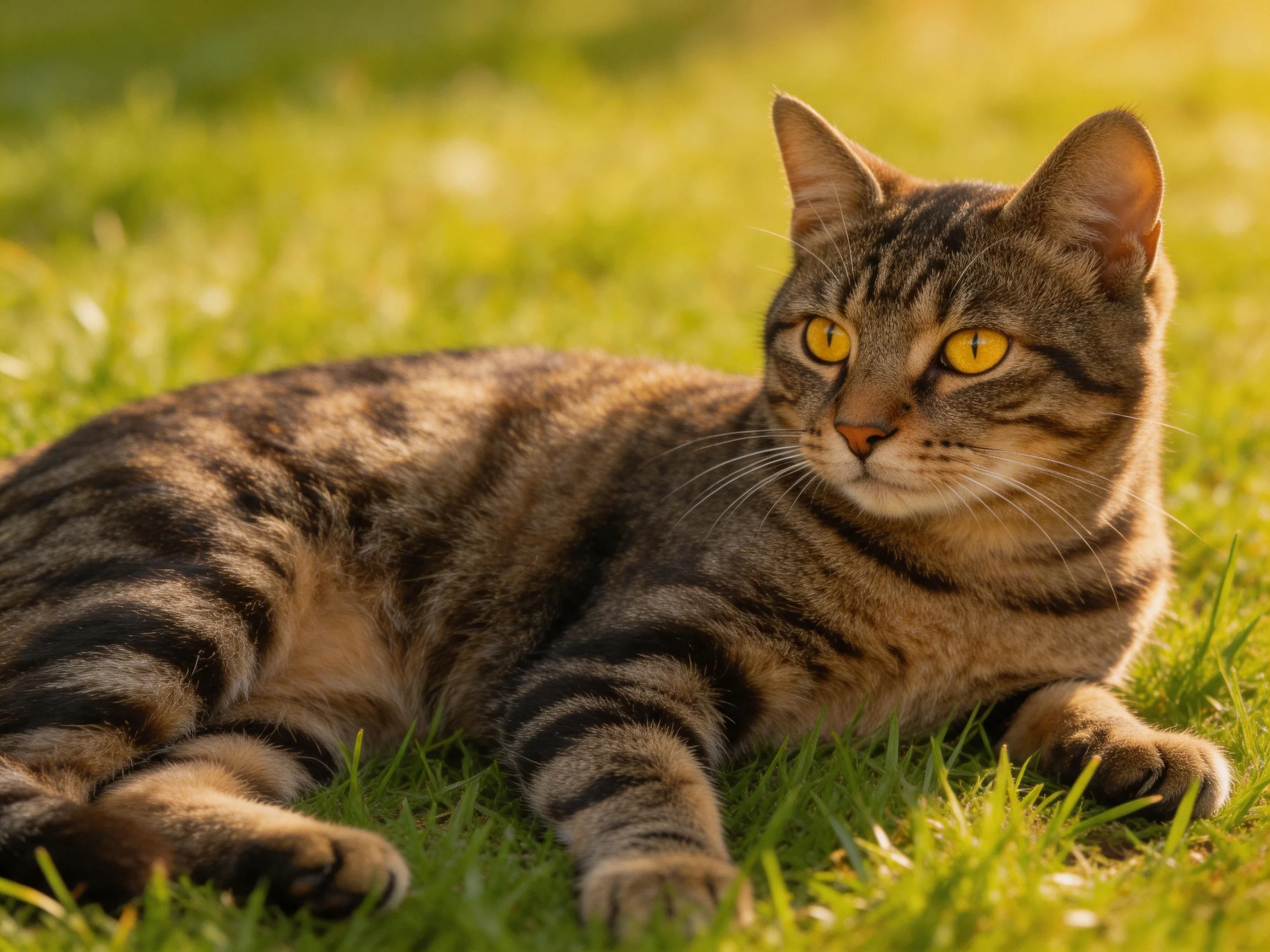 A tabby cat with yellow eyes relaxes on green grass.