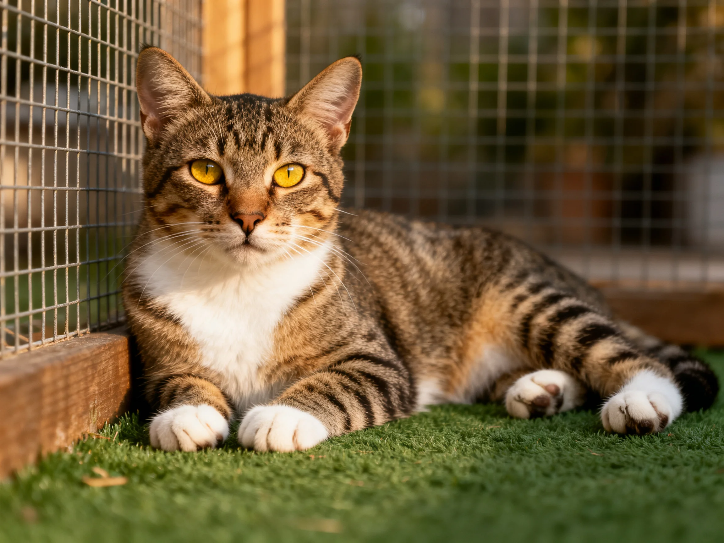 A brown tabby cat with yellow eyes relaxes near a wire fence.