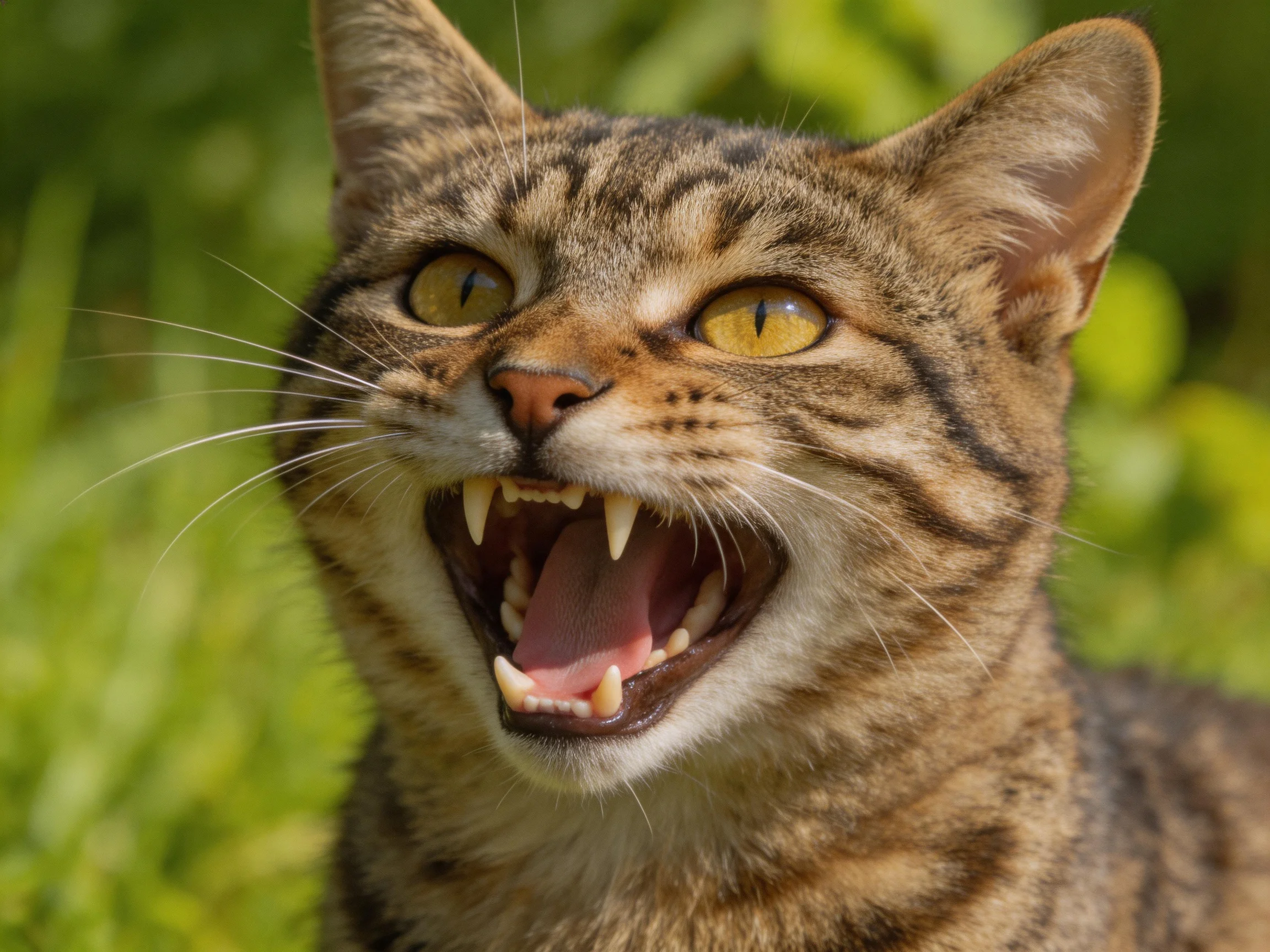 A brown tabby cat with yellow eyes roars in a sunlit green outdoor area.