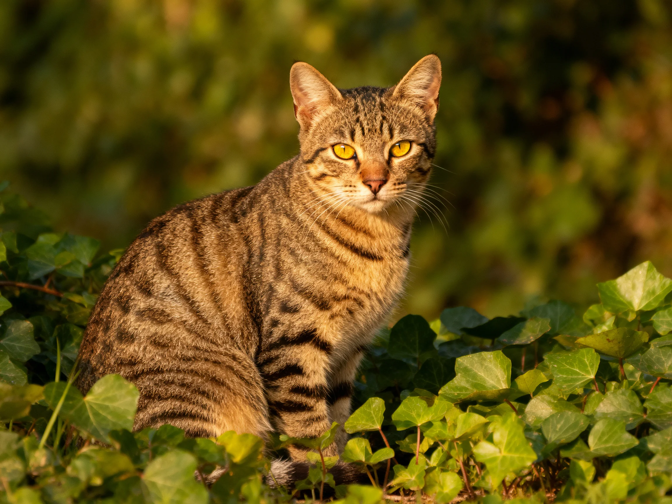 A brown tabby cat with yellow eyes sits among greenery in sunlight.