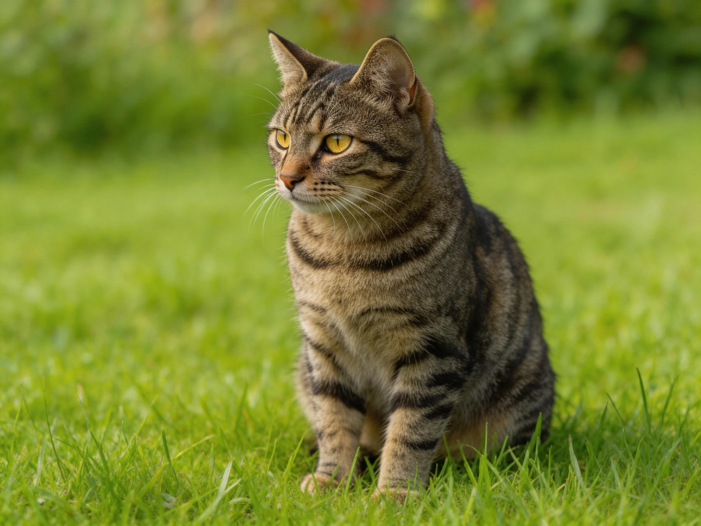 A brown-tabby cat with yellow eyes sits on lush green grass
