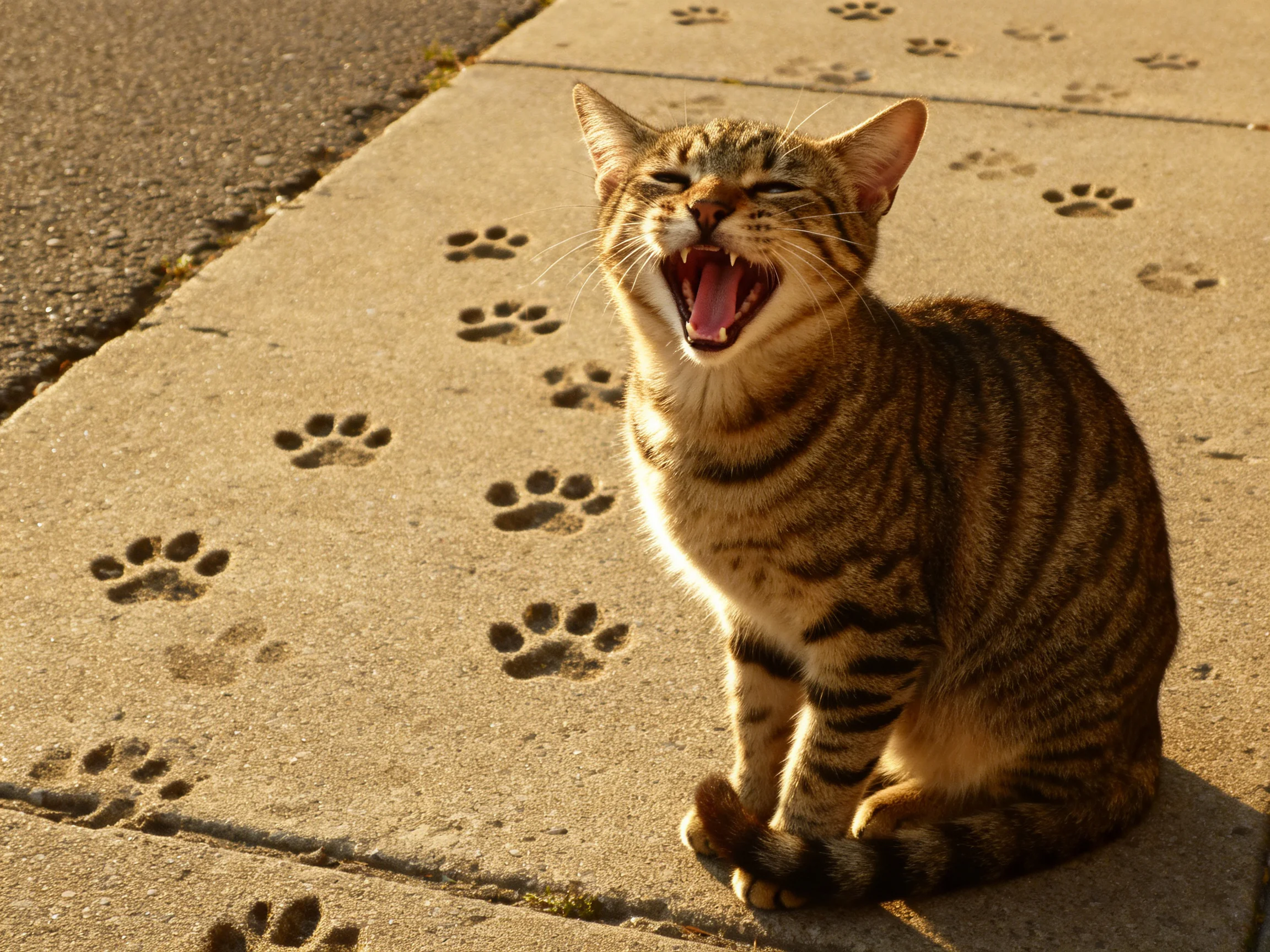 A tabby cat yawns on a sidewalk with embedded paw prints.