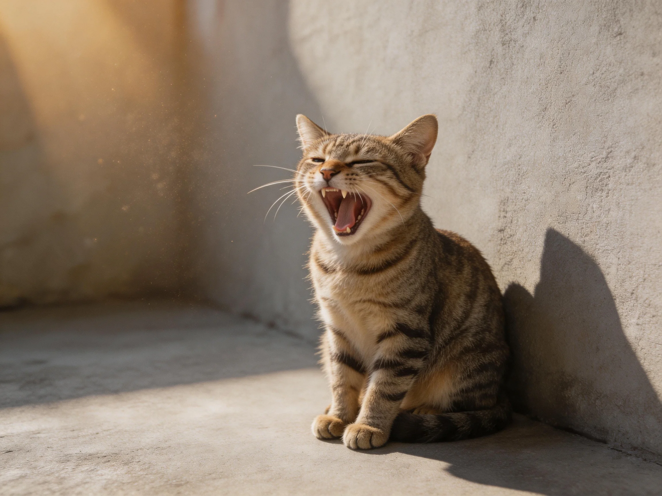A brown-tabby cat yawns beside a gray concrete wall in sunlight.