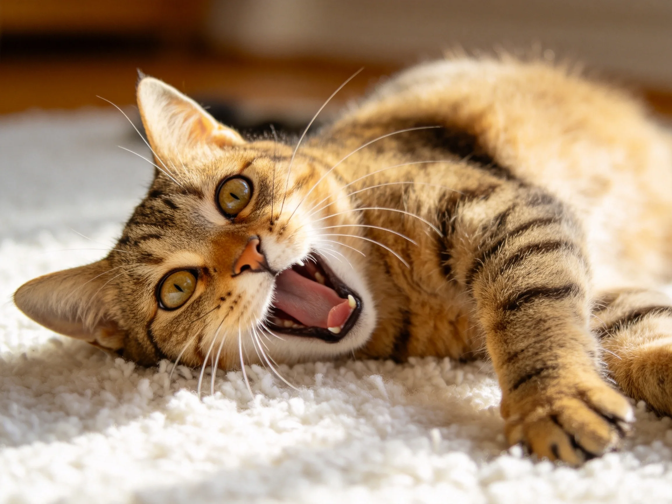 A brown tabby cat yawning on a plush white carpet
