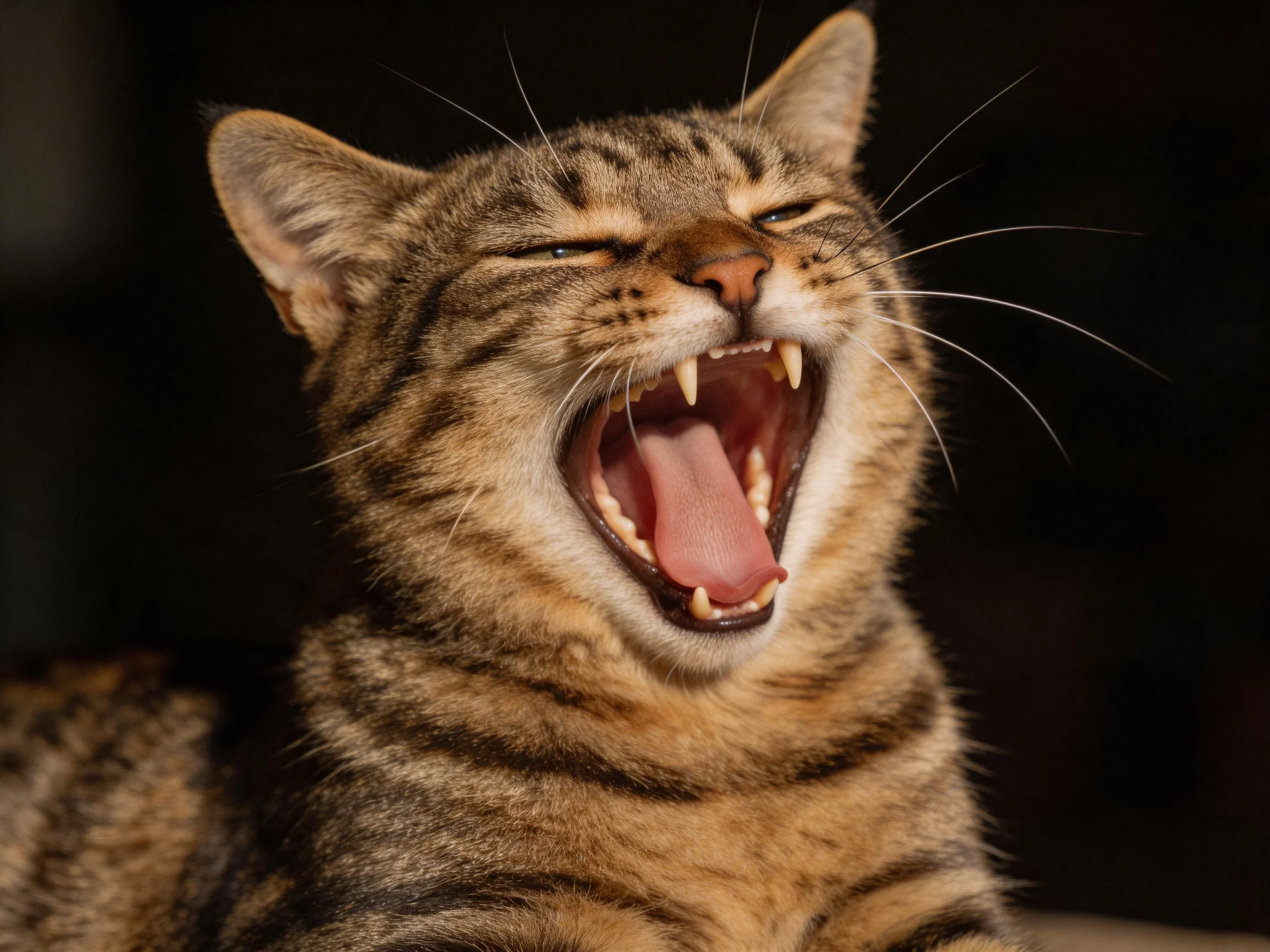 A brown-tabby cat yawning widely with closed eyes