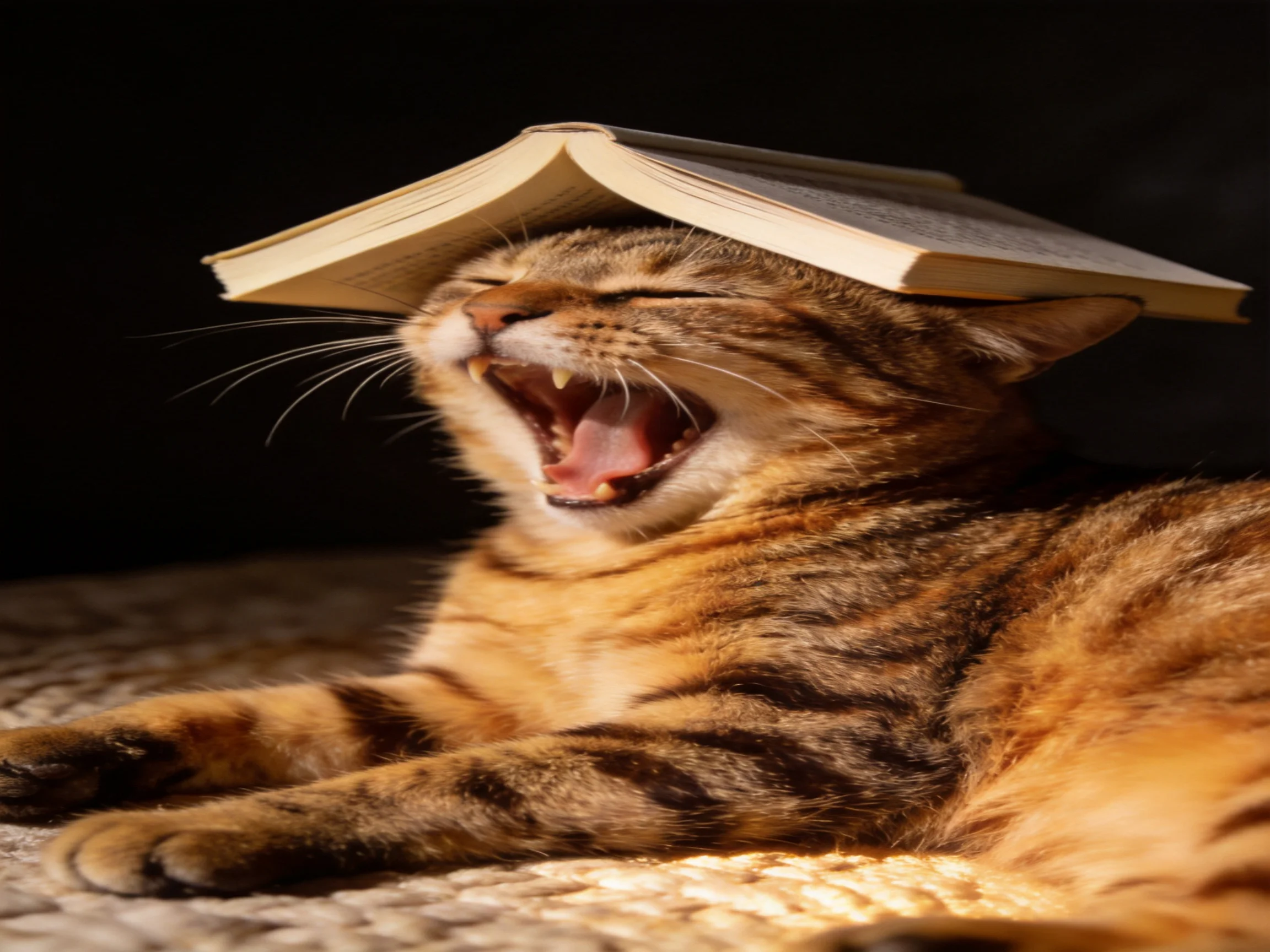 A brown tabby cat yawns while a book sits atop its head.