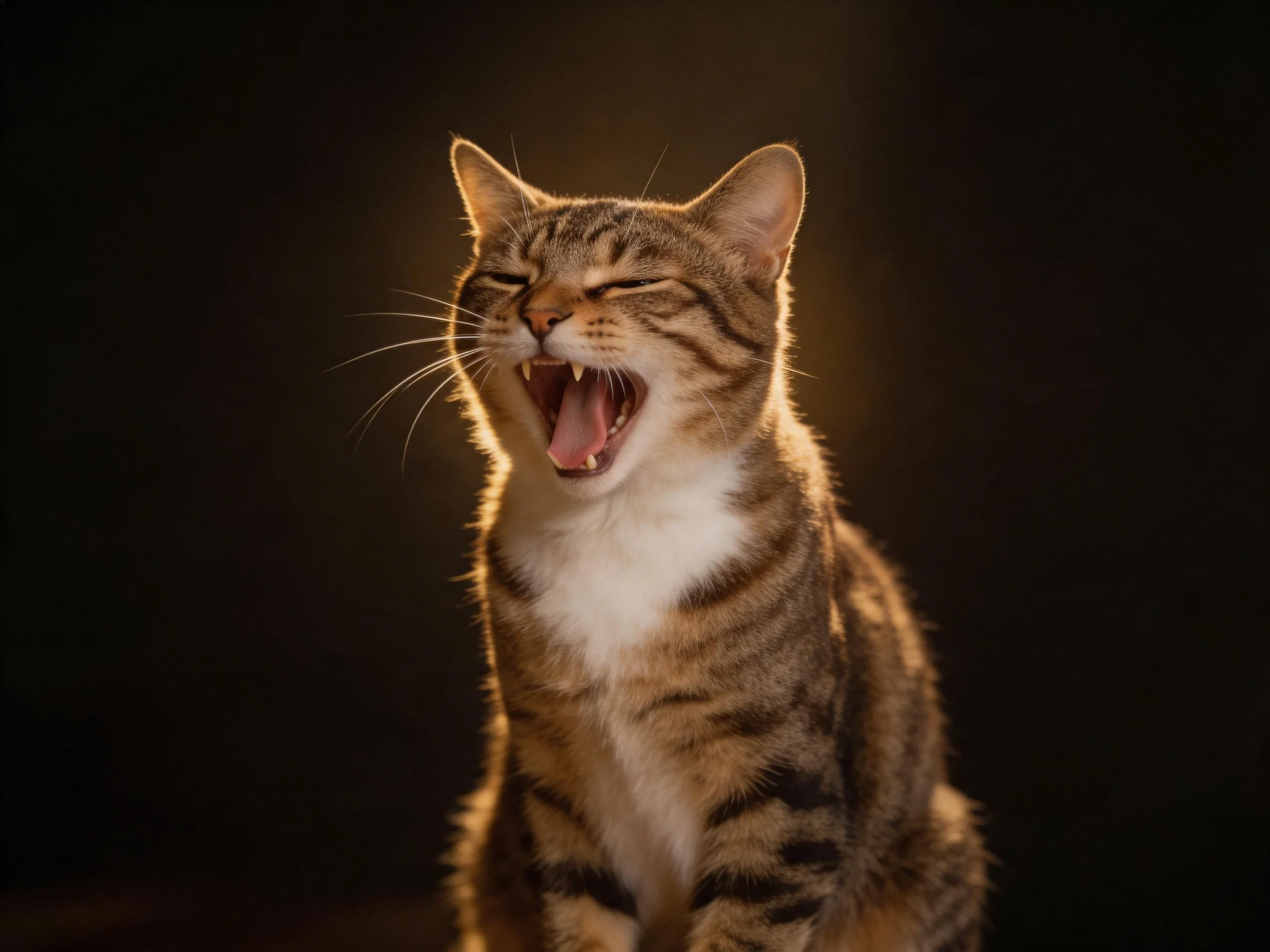 A brown-tabby cat yawns widely in a dimly lit environment.