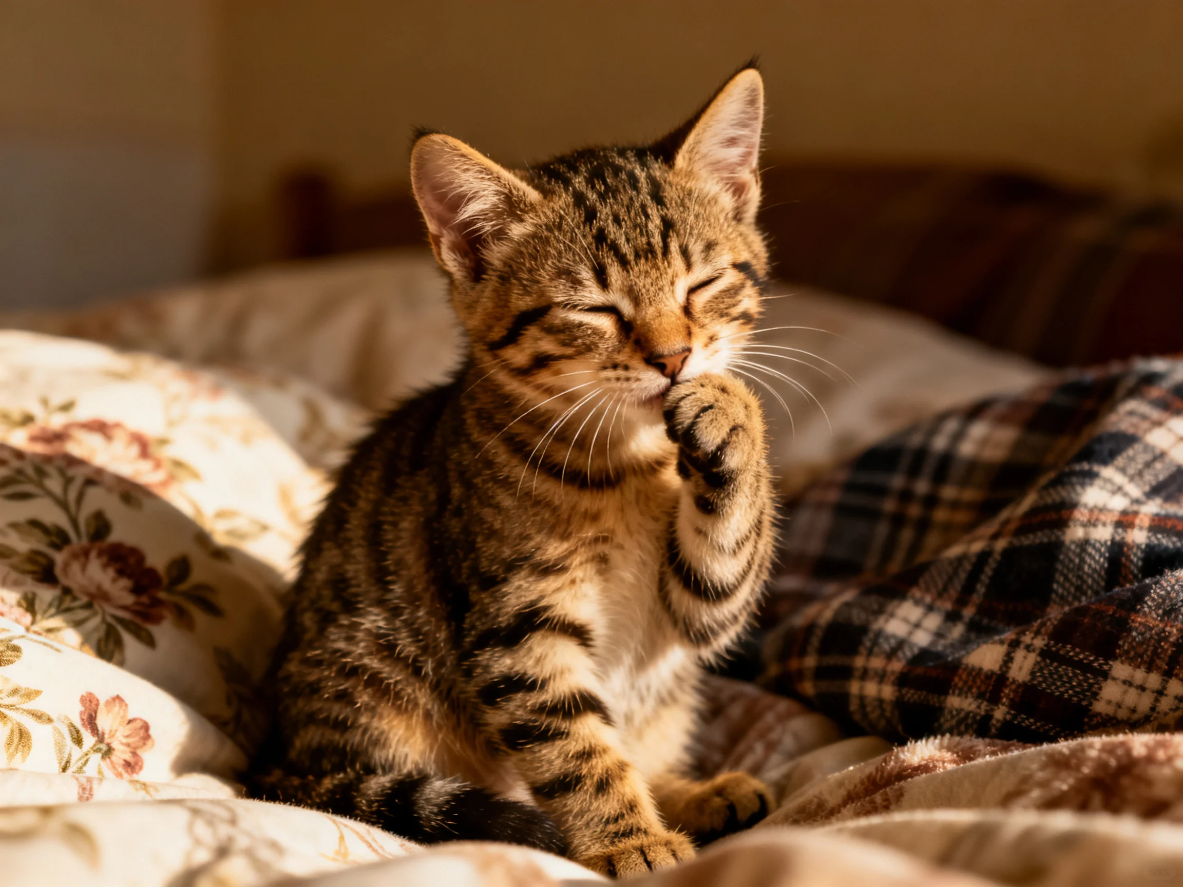 A brown tabby kitten grooms on floral and plaid bedding