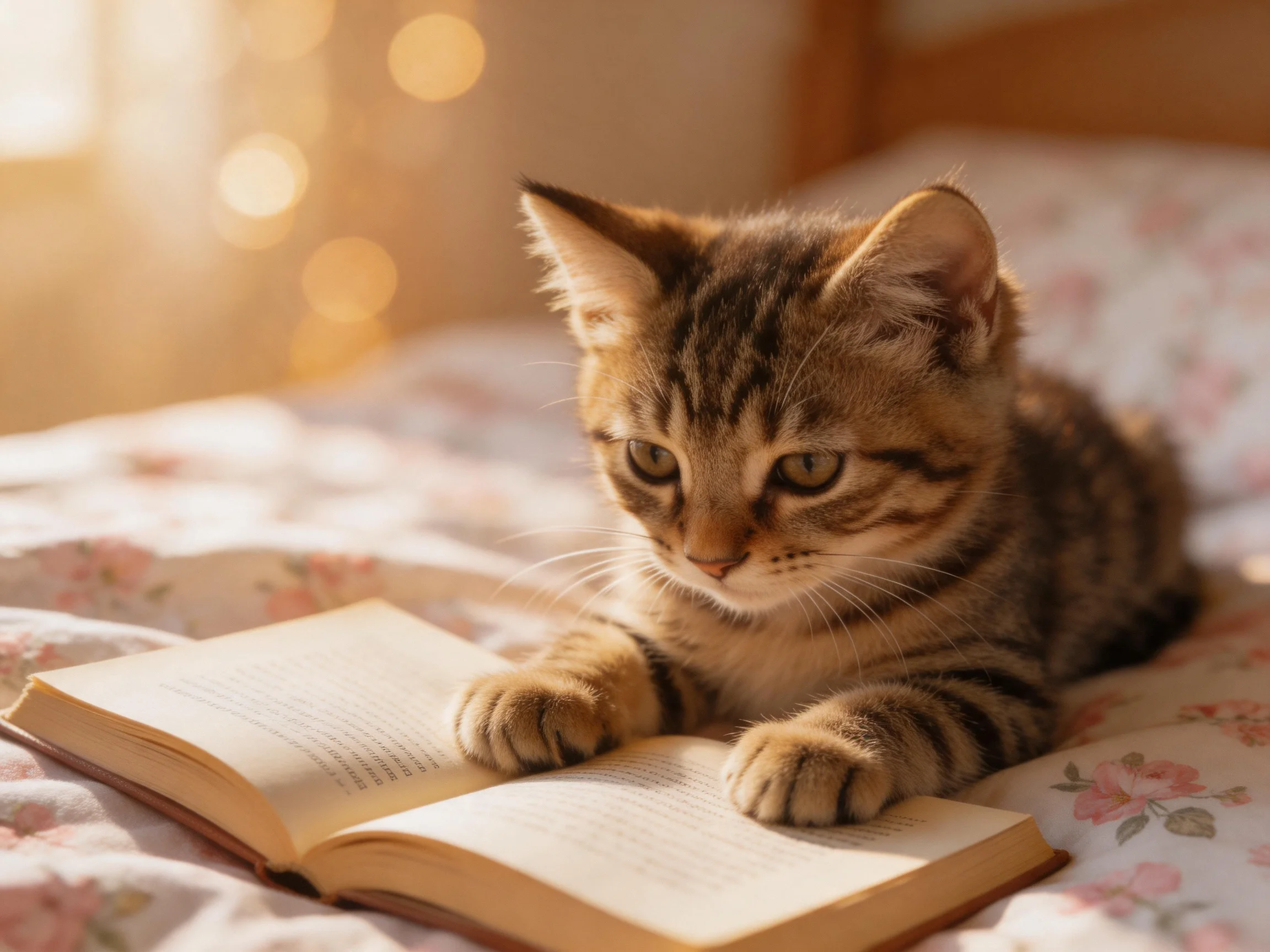 A brown tabby kitten lies next to an open book on floral bedding