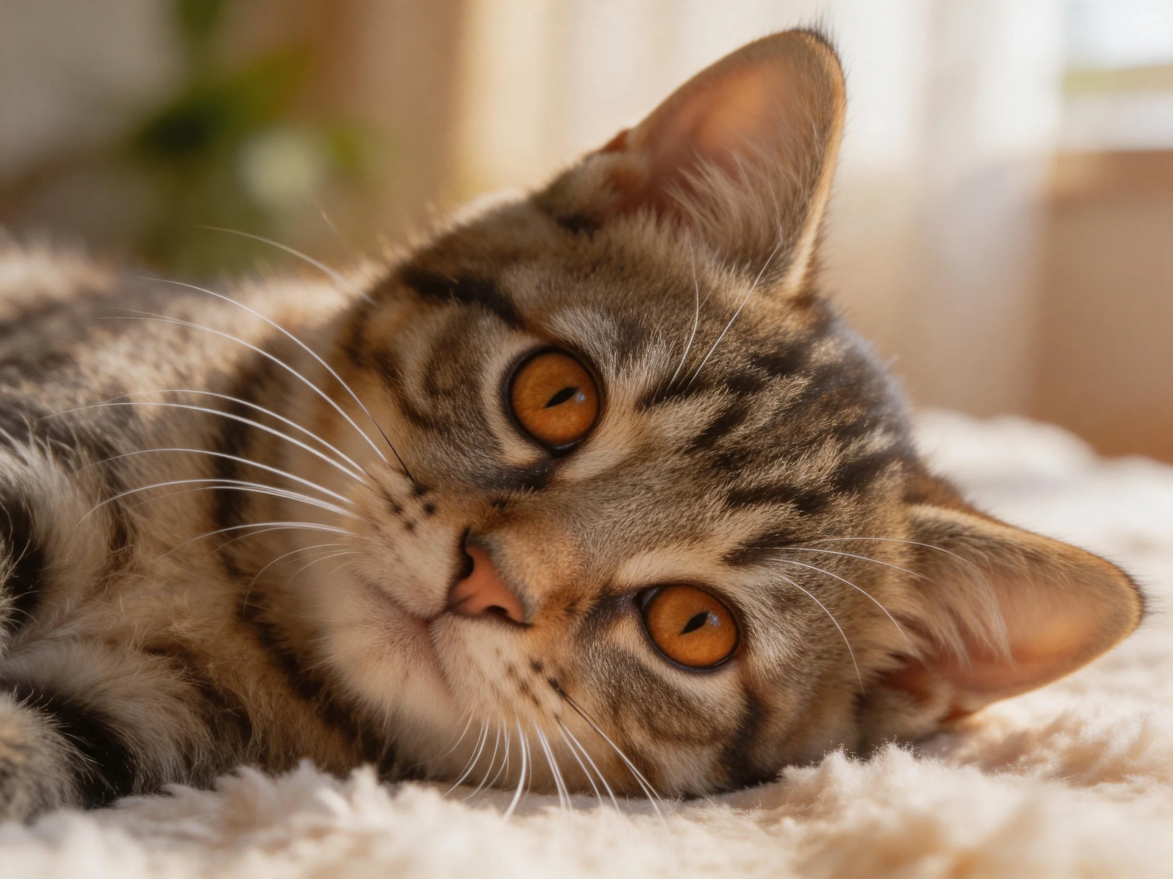 A brown-tabby kitten rests on a plush white blanket with warm natural light