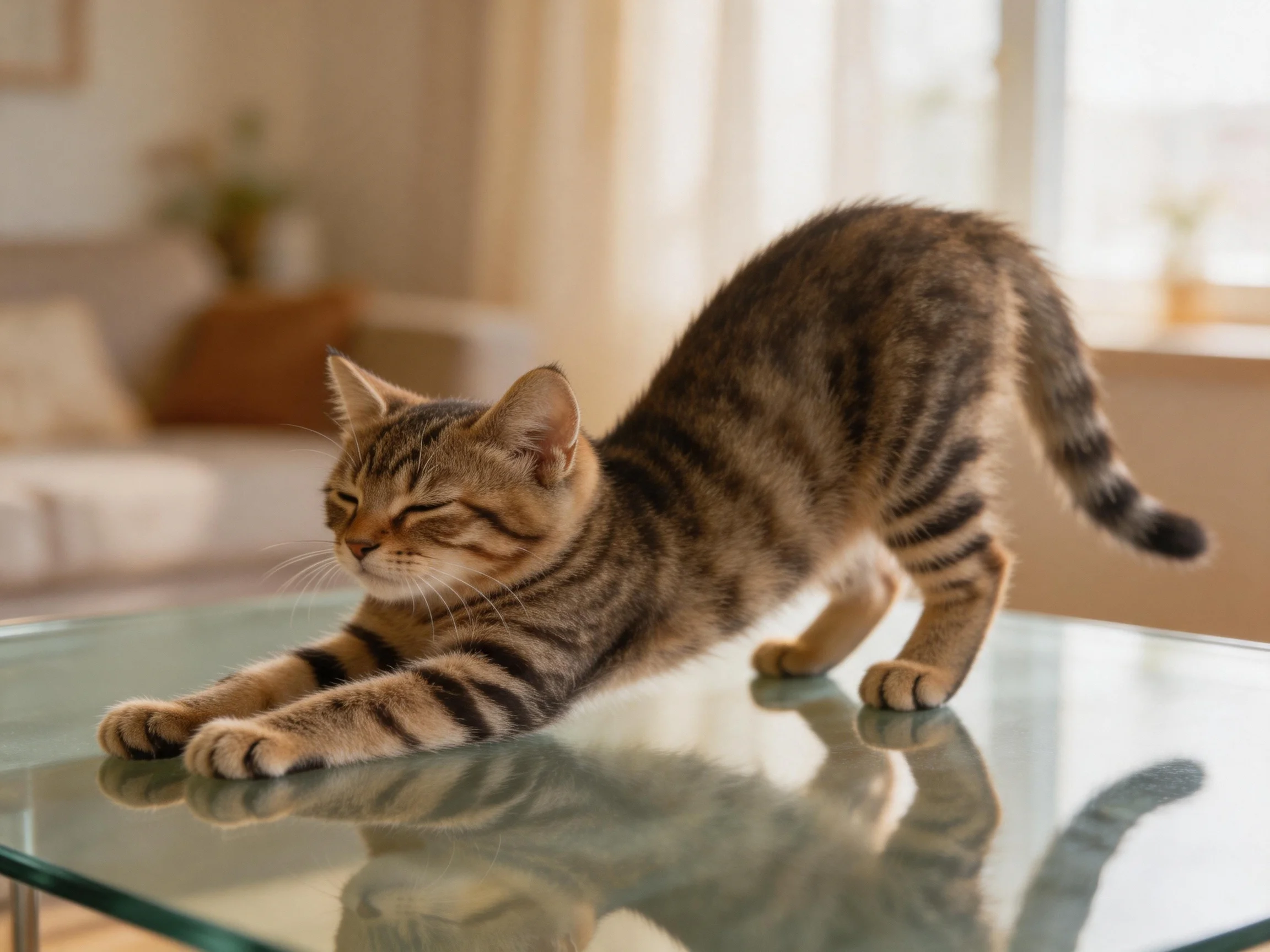 A brown tabby kitten stretches on a clear glass table in a cozy living room