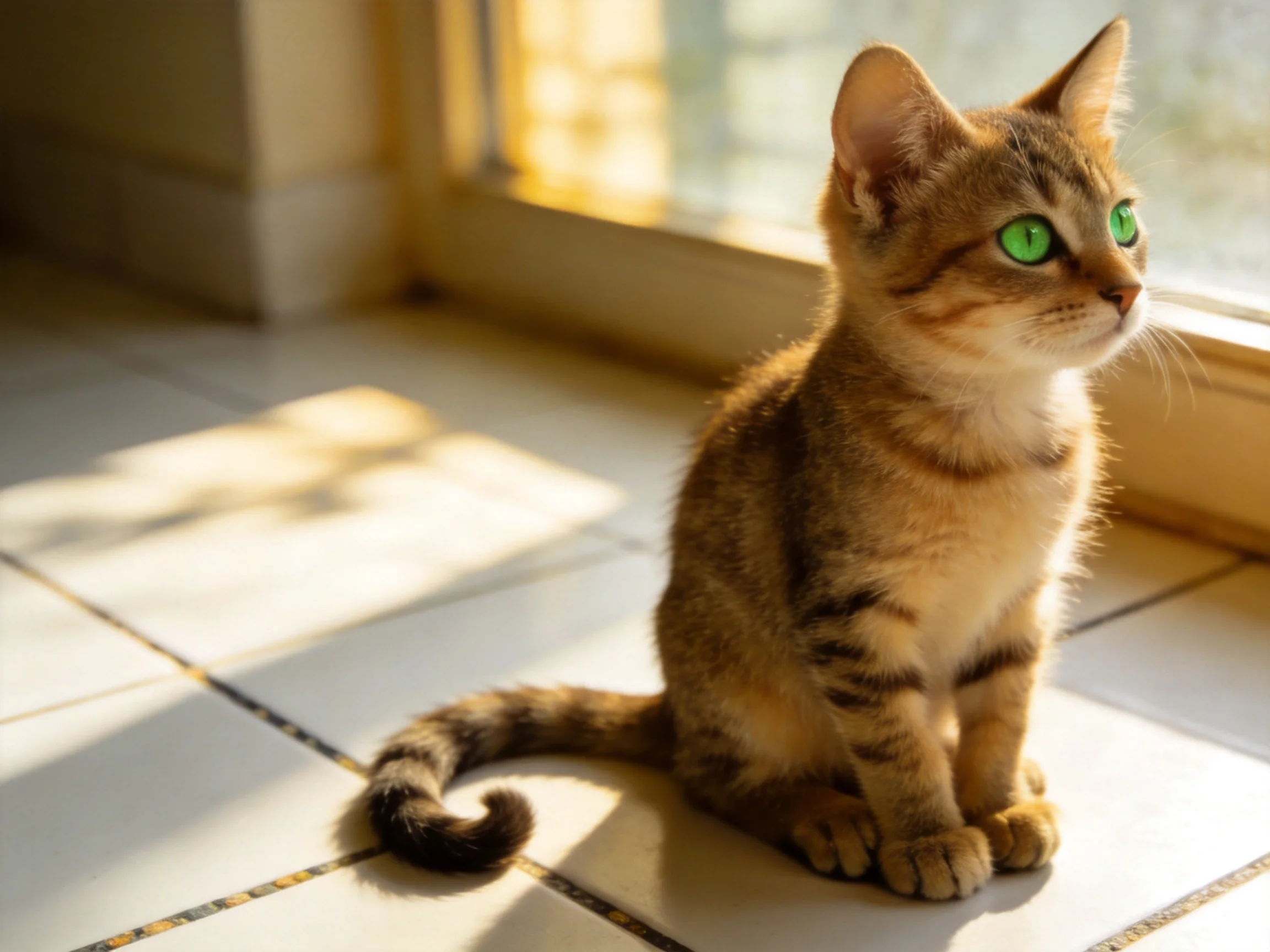 A brown tabby kitten with green eyes sits near a sunlit window.