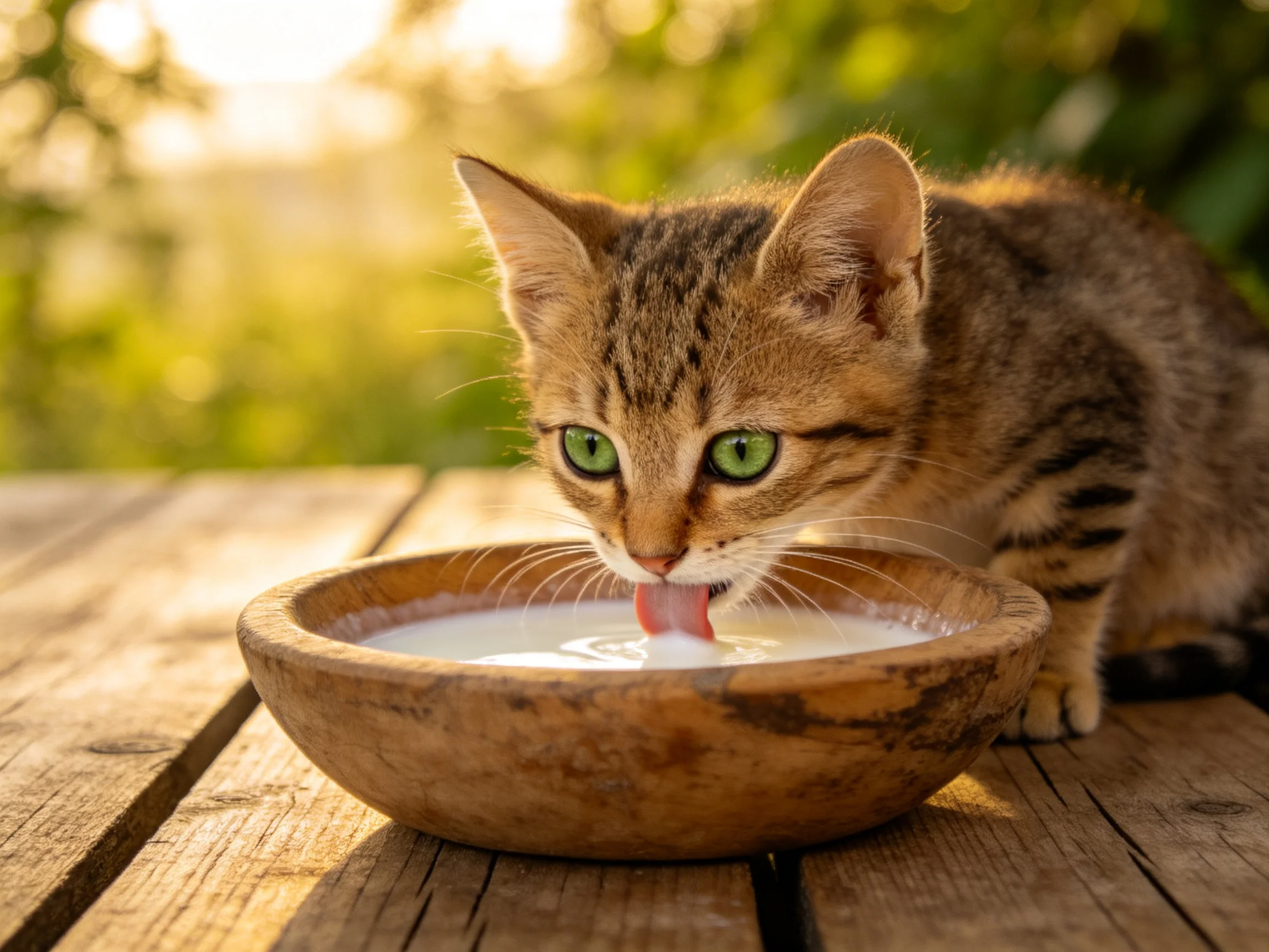 A tabby kitten drinks milk from a wooden bowl in an outdoor setting.