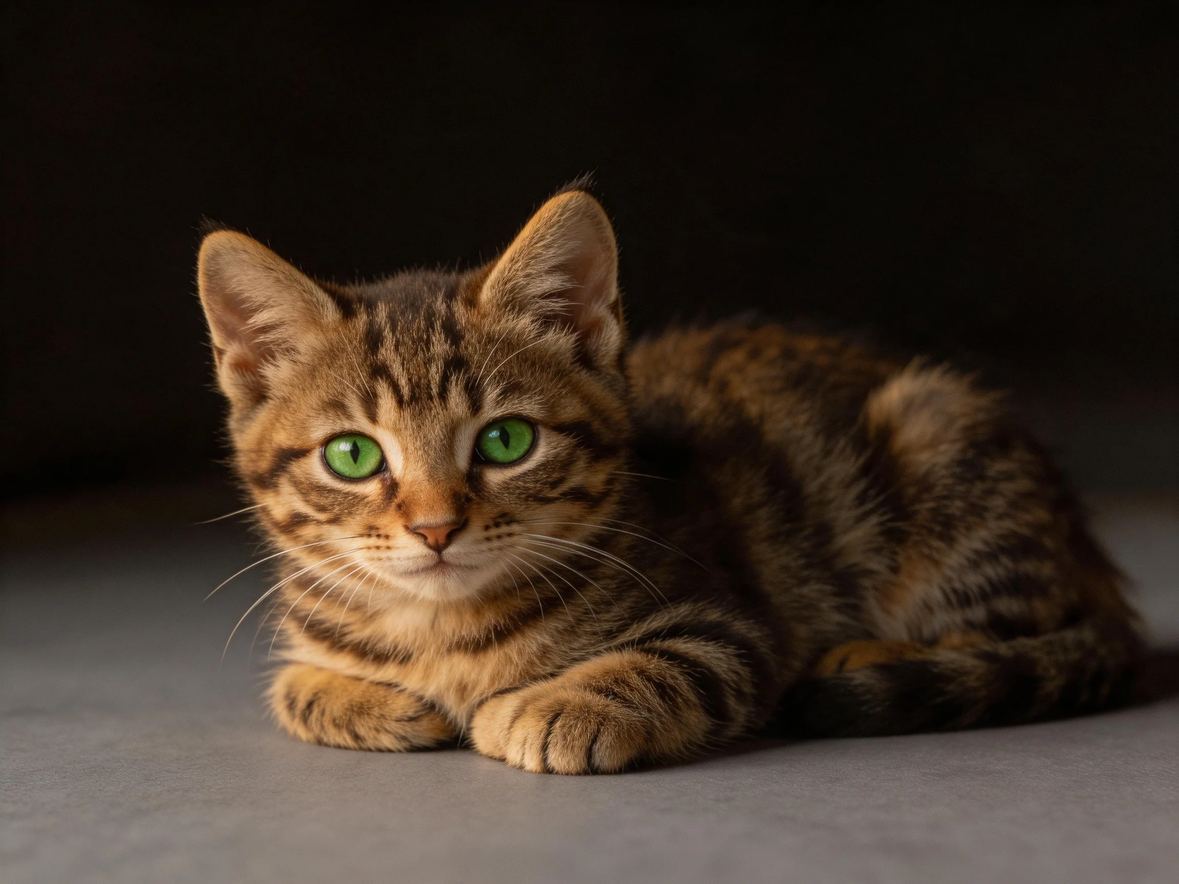 A brown tabby kitten with green eyes rests calmly on a smooth surface.