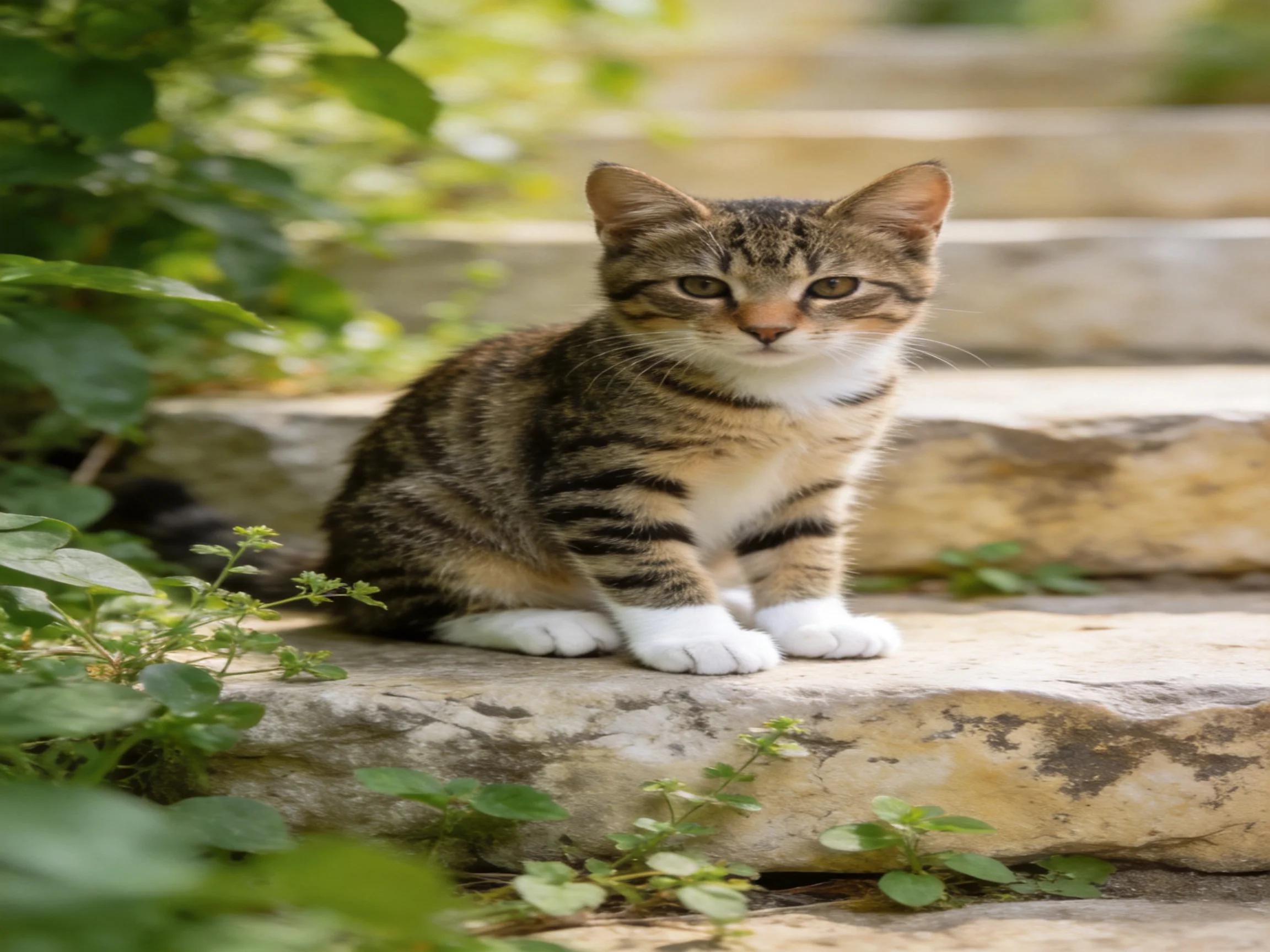 A brown-tabby kitten with white paws sits on weathered stone steps among greenery