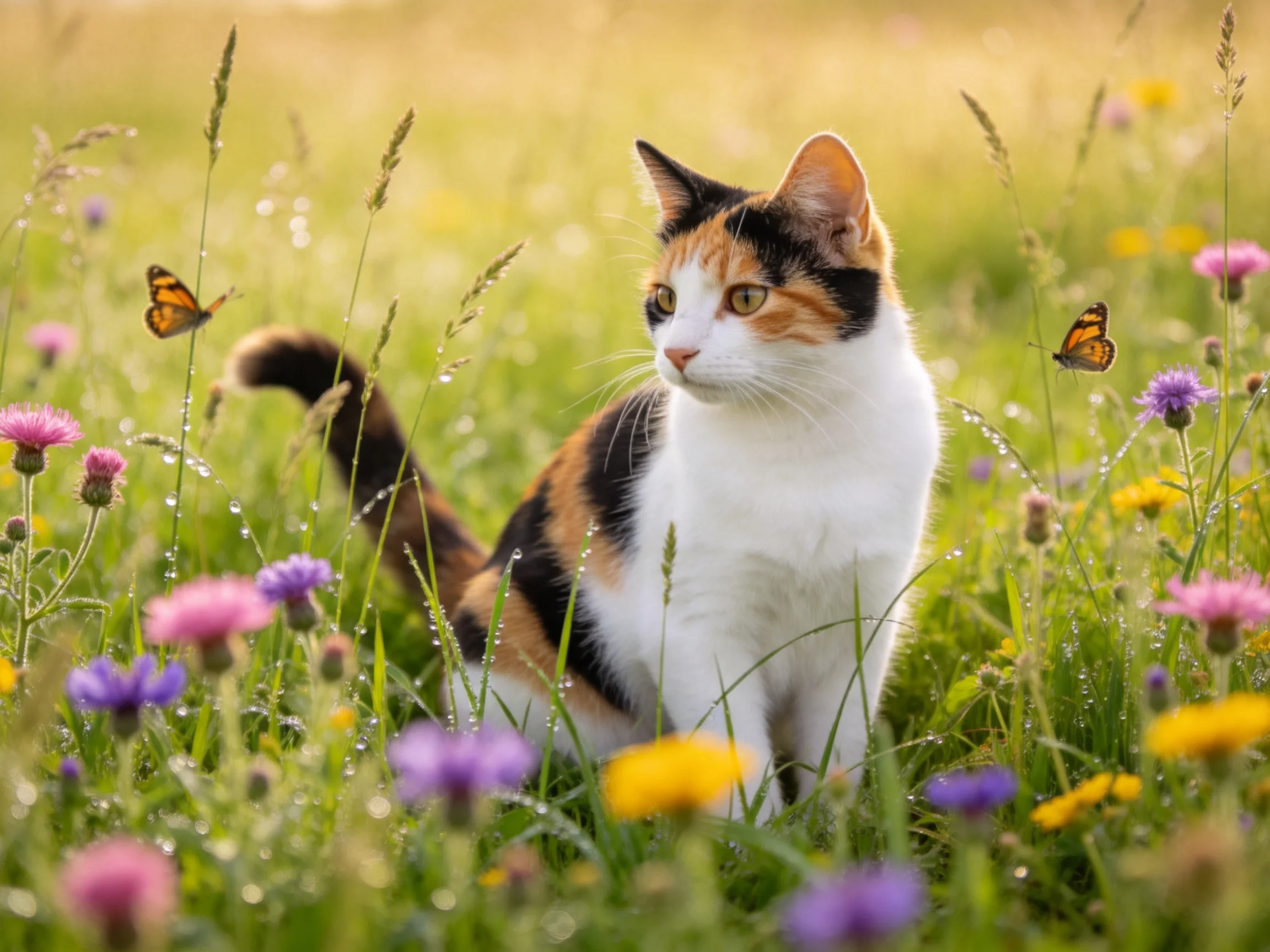 A calico cat among colorful wildflowers and butterflies in a dewy meadow