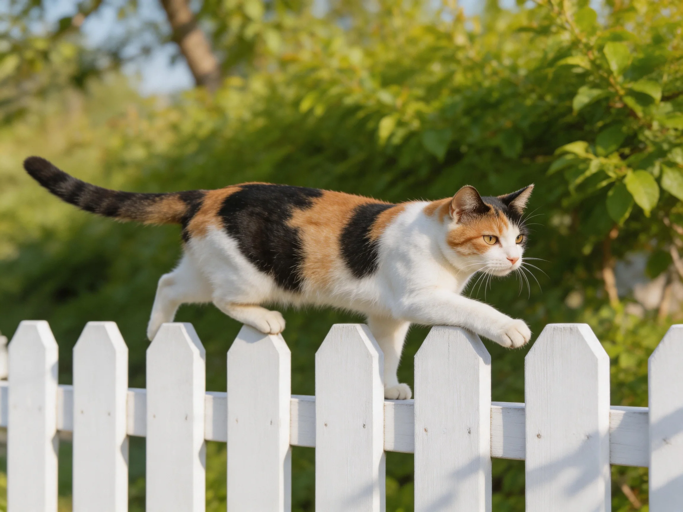 A calico cat crosses a white picket fence in a sunny garden