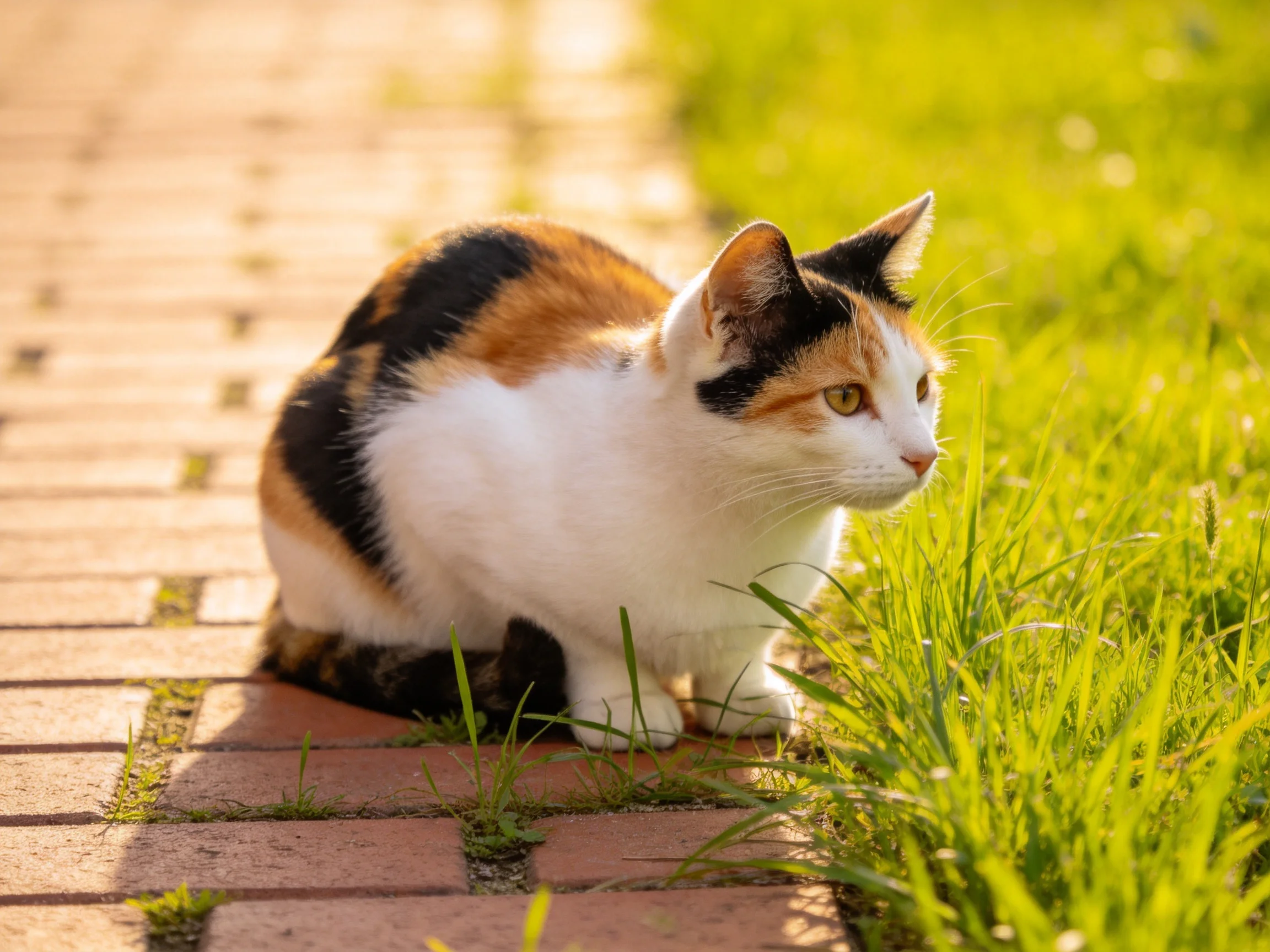 A calico cat crouches near vibrant green grass by a brick path
