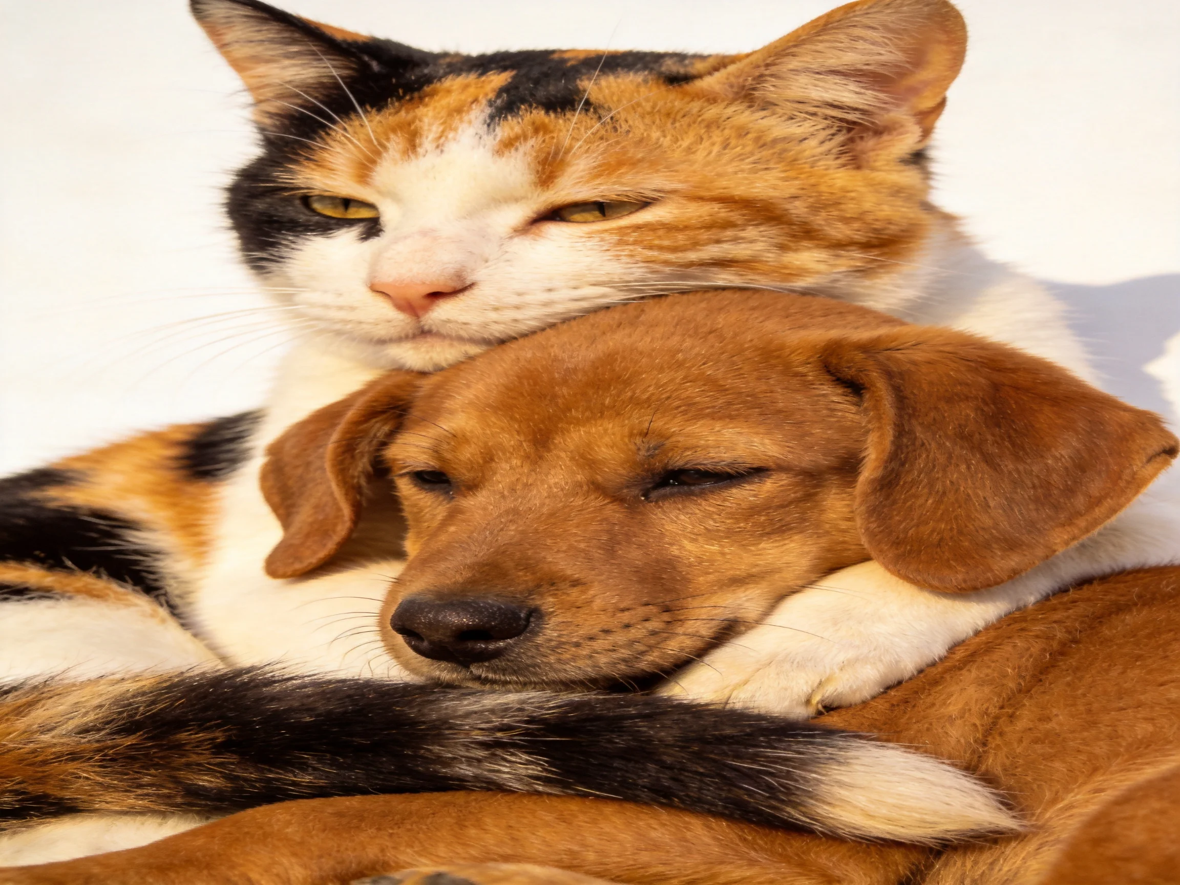 A calico cat cuddles a brown puppy under bright sunlight