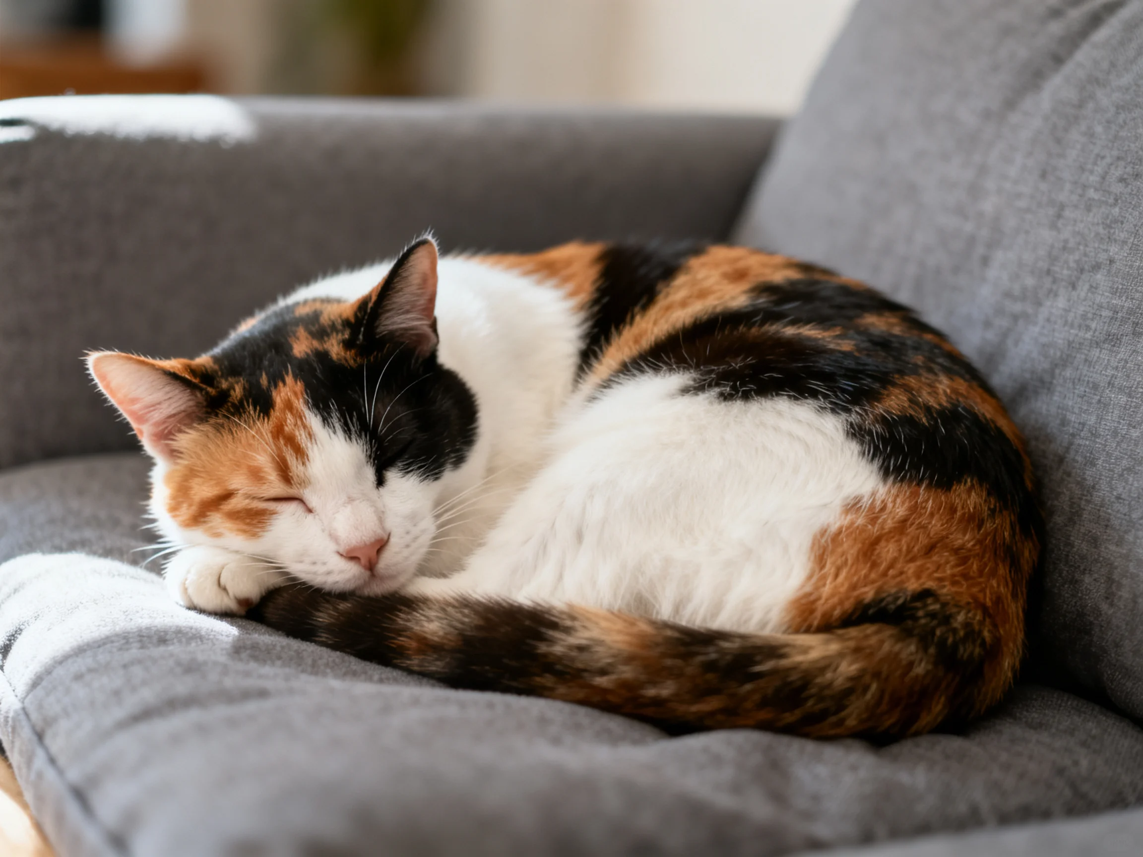 A calico cat curled up on a gray sofa in soft indoor light