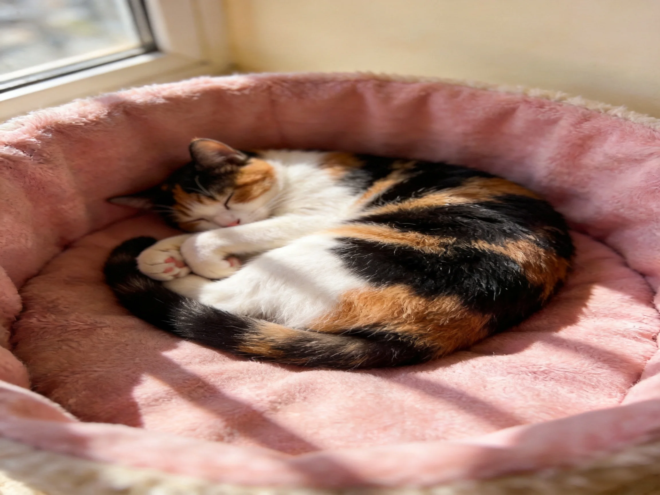 A calico cat curls up in a soft pink pet bed by a sunlit window