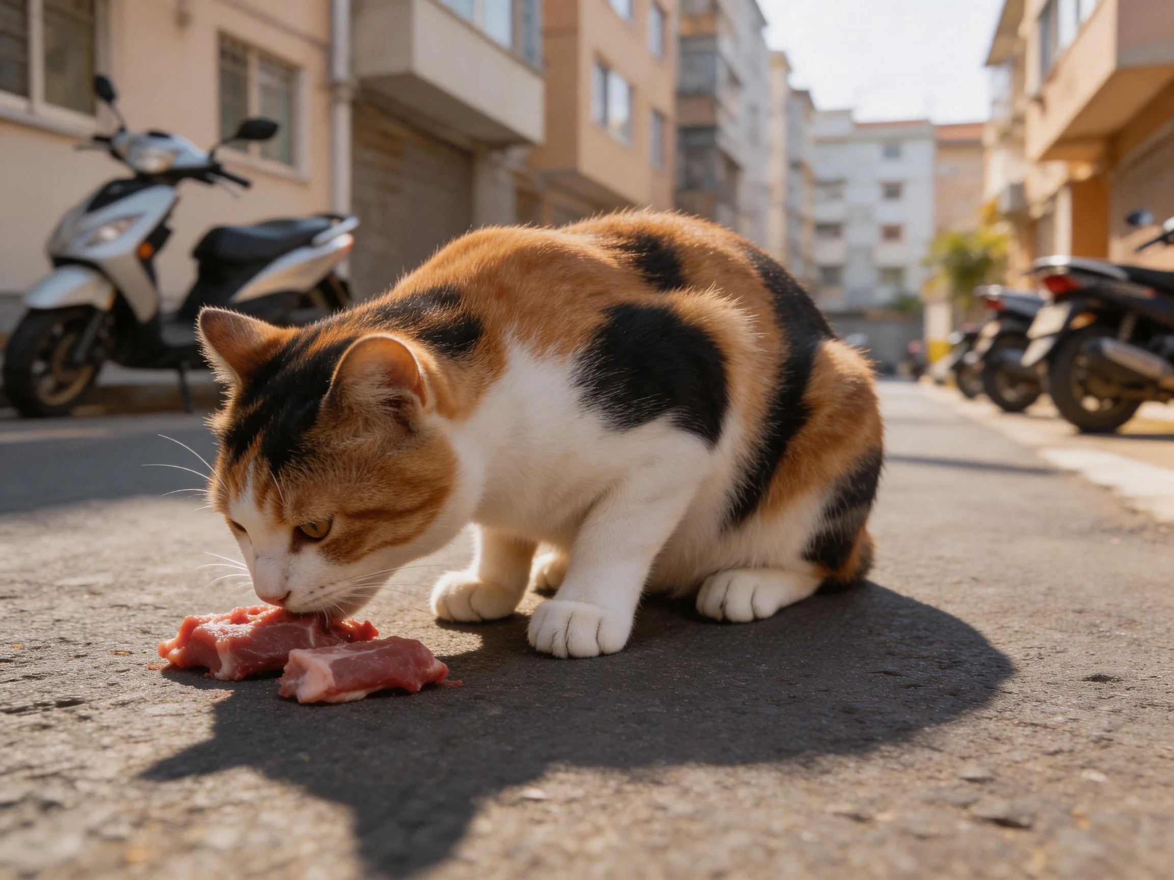 A calico cat eats raw meat on a sunlit urban street.