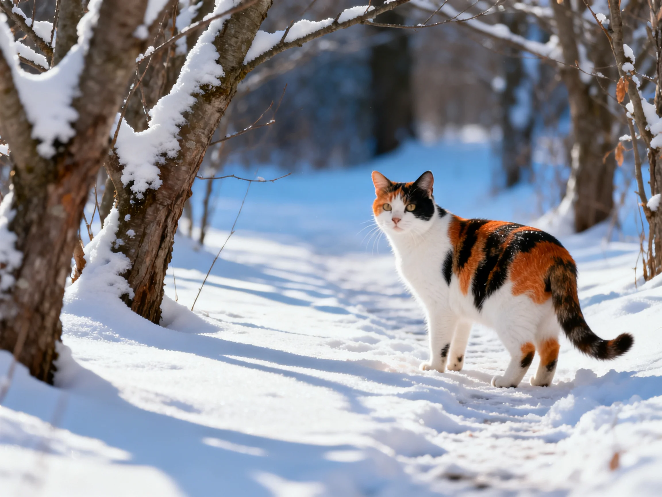 A calico cat explores a snowy forest path with snow-draped trees