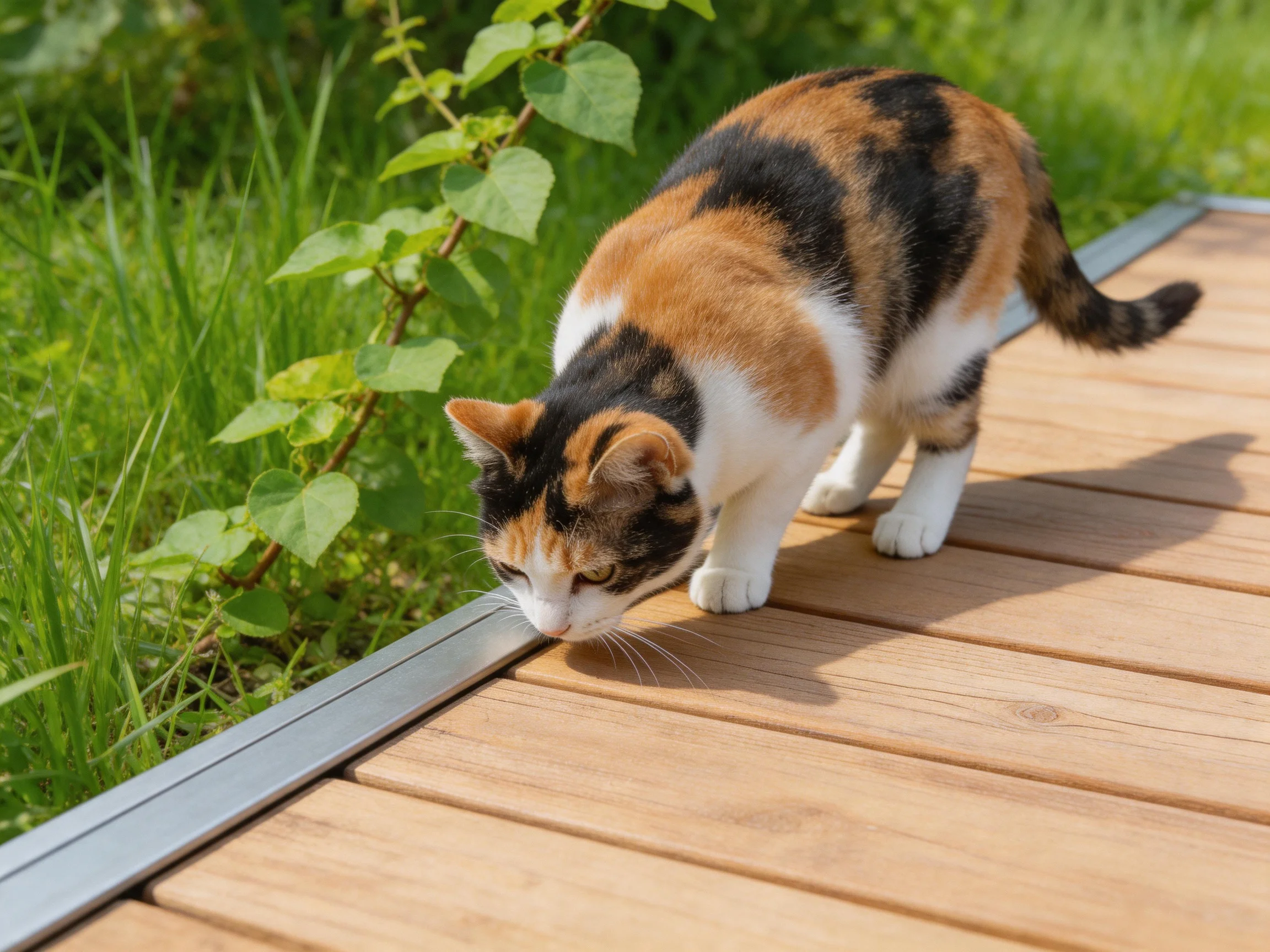 A calico cat explores a wooden deck near lush green foliage