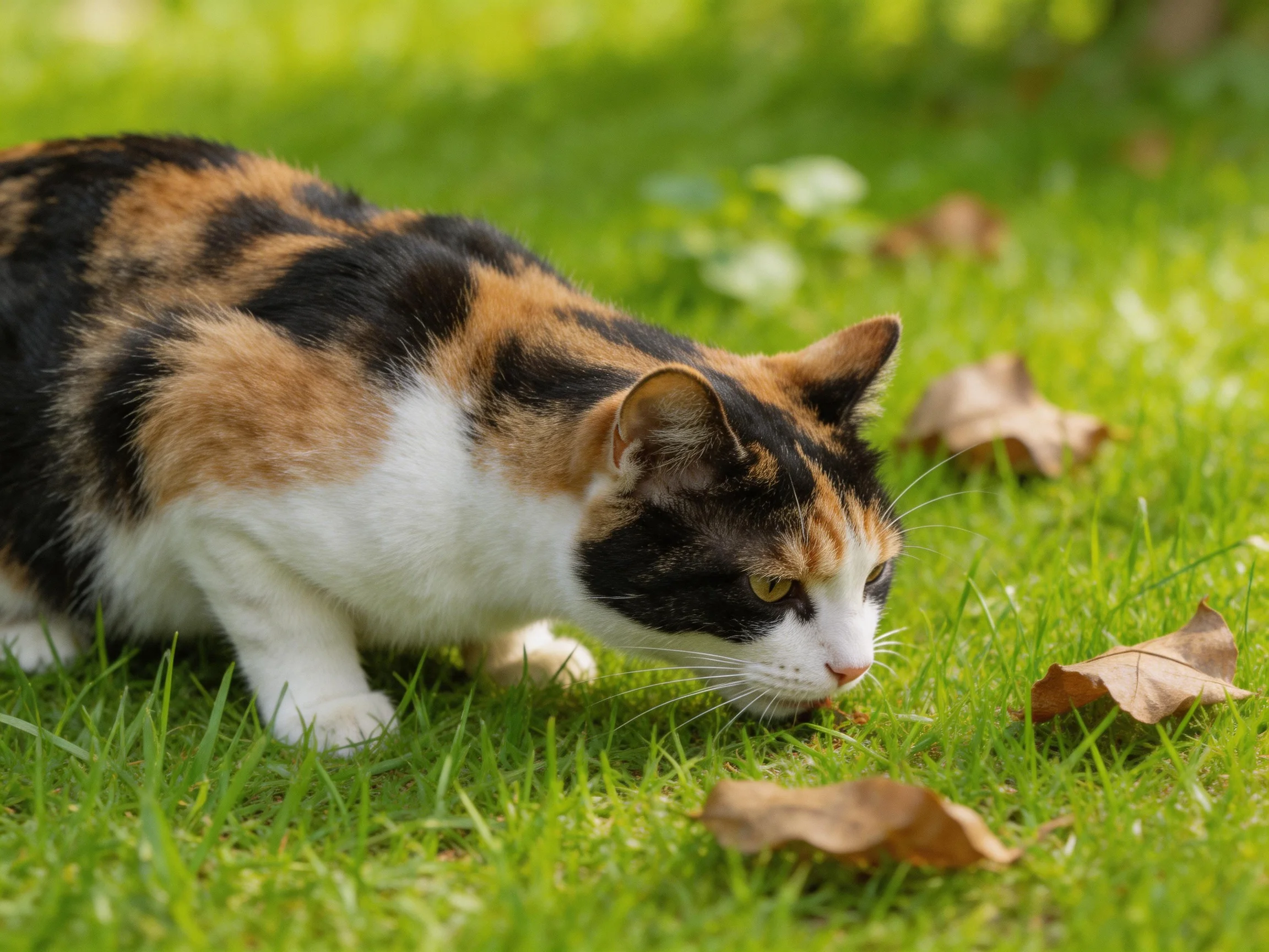 A calico cat explores green grass with brown fallen leaves