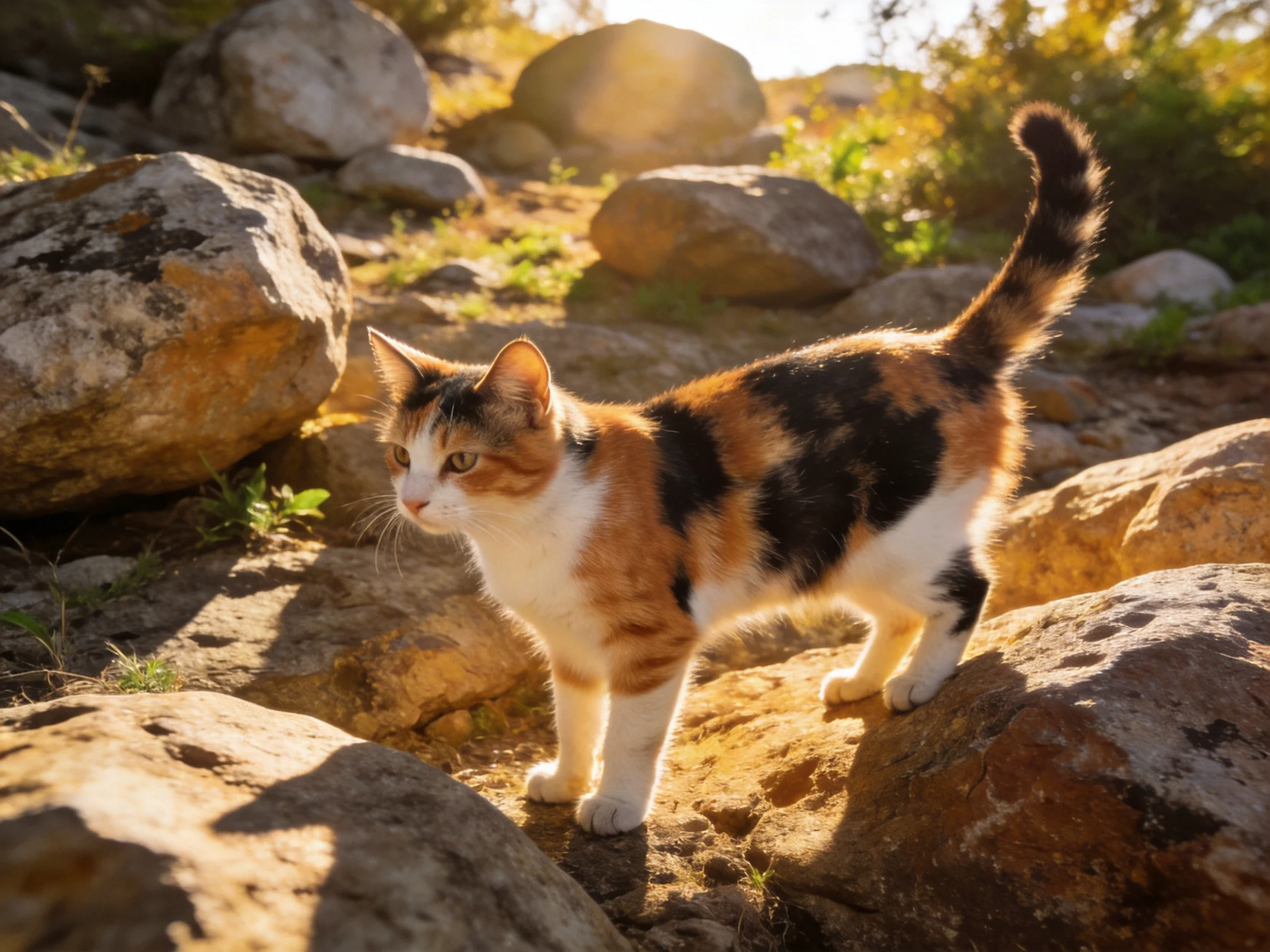 A calico cat explores rocky terrain bathed in golden sunlight