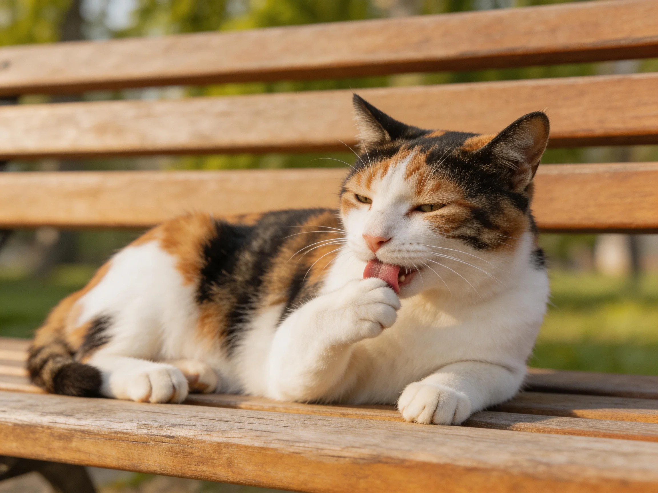 A calico cat grooms itself on a wooden park bench
