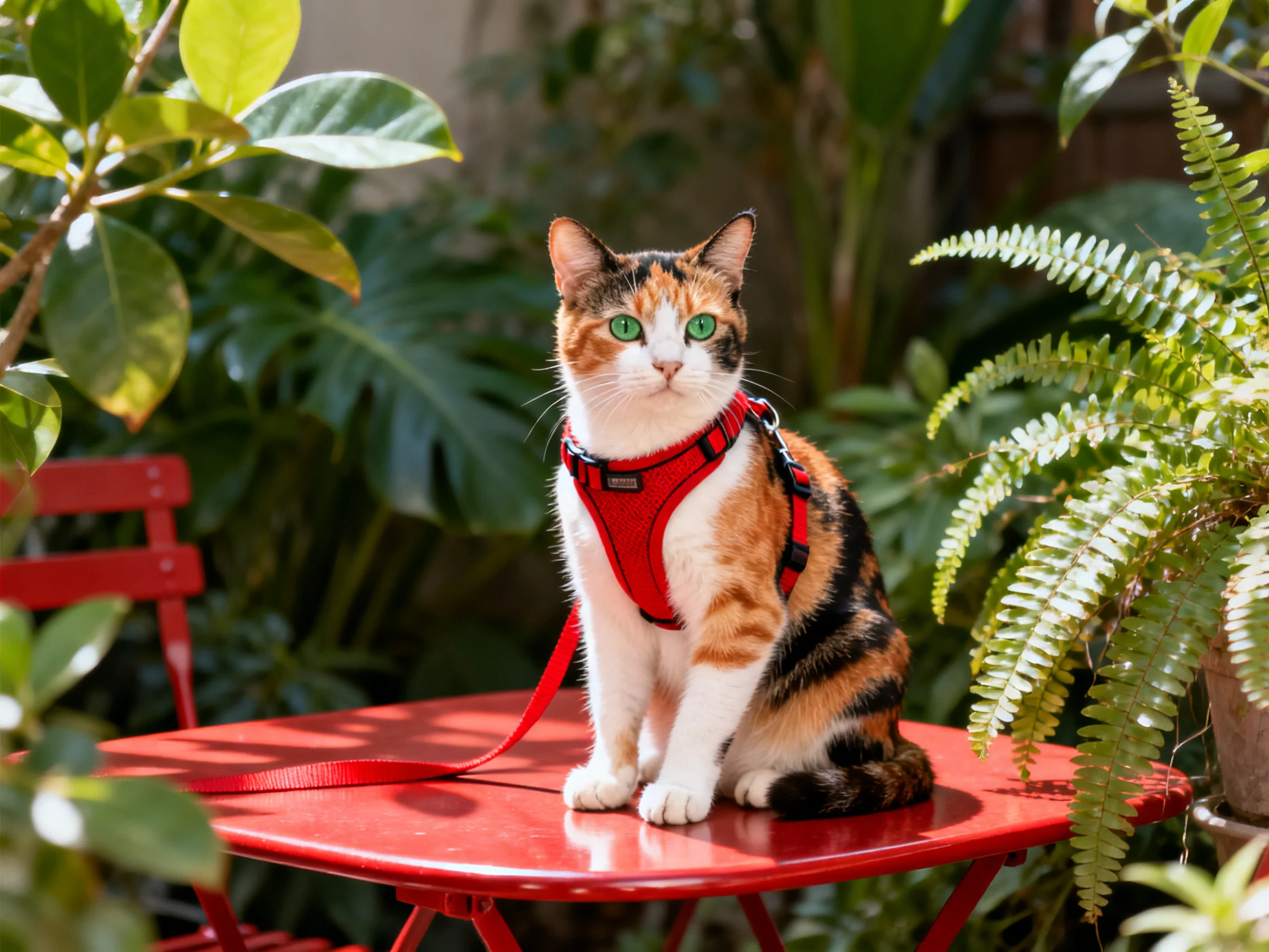 A calico cat in a red harness sits on a red table in a garden