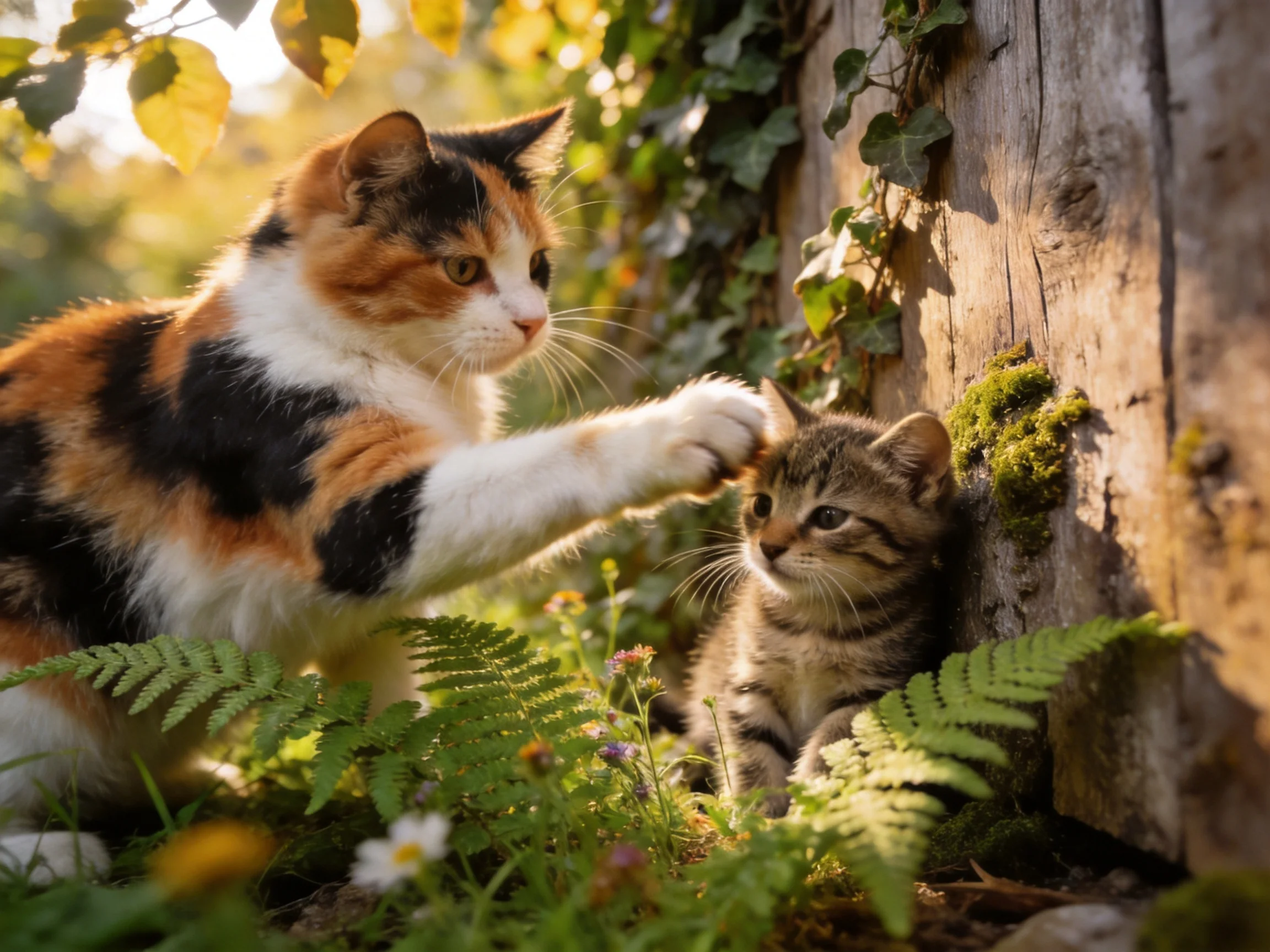 A calico cat interacts with a tabby kitten near mossy wood