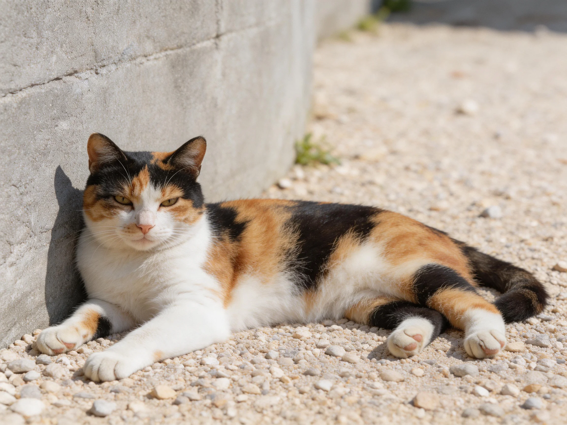 A calico cat restses near a gray concrete wall on pebbles