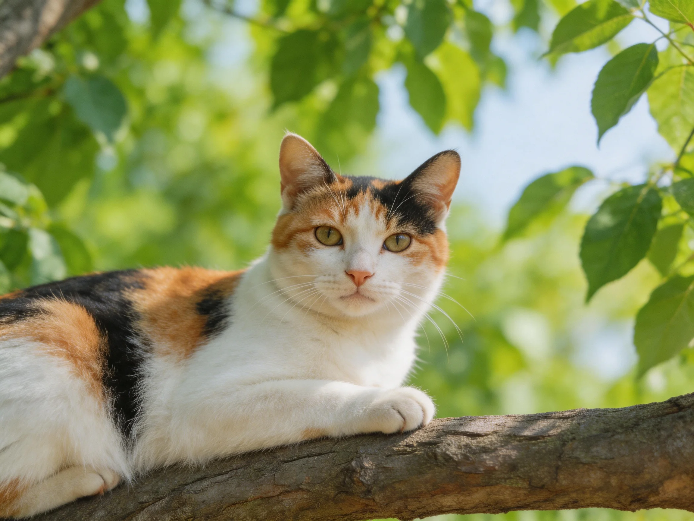 A calico cat relaxes on a tree branch surrounded by greenery